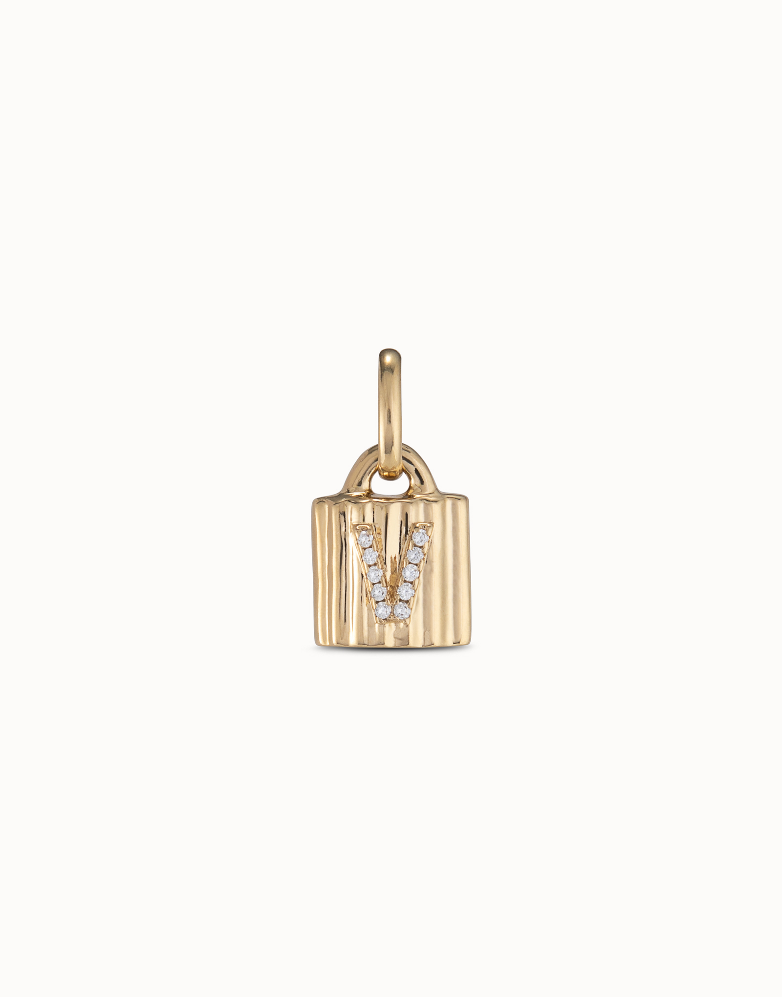 18K gold-plated padlock charm with topaz letter V, Golden, large thumbnail