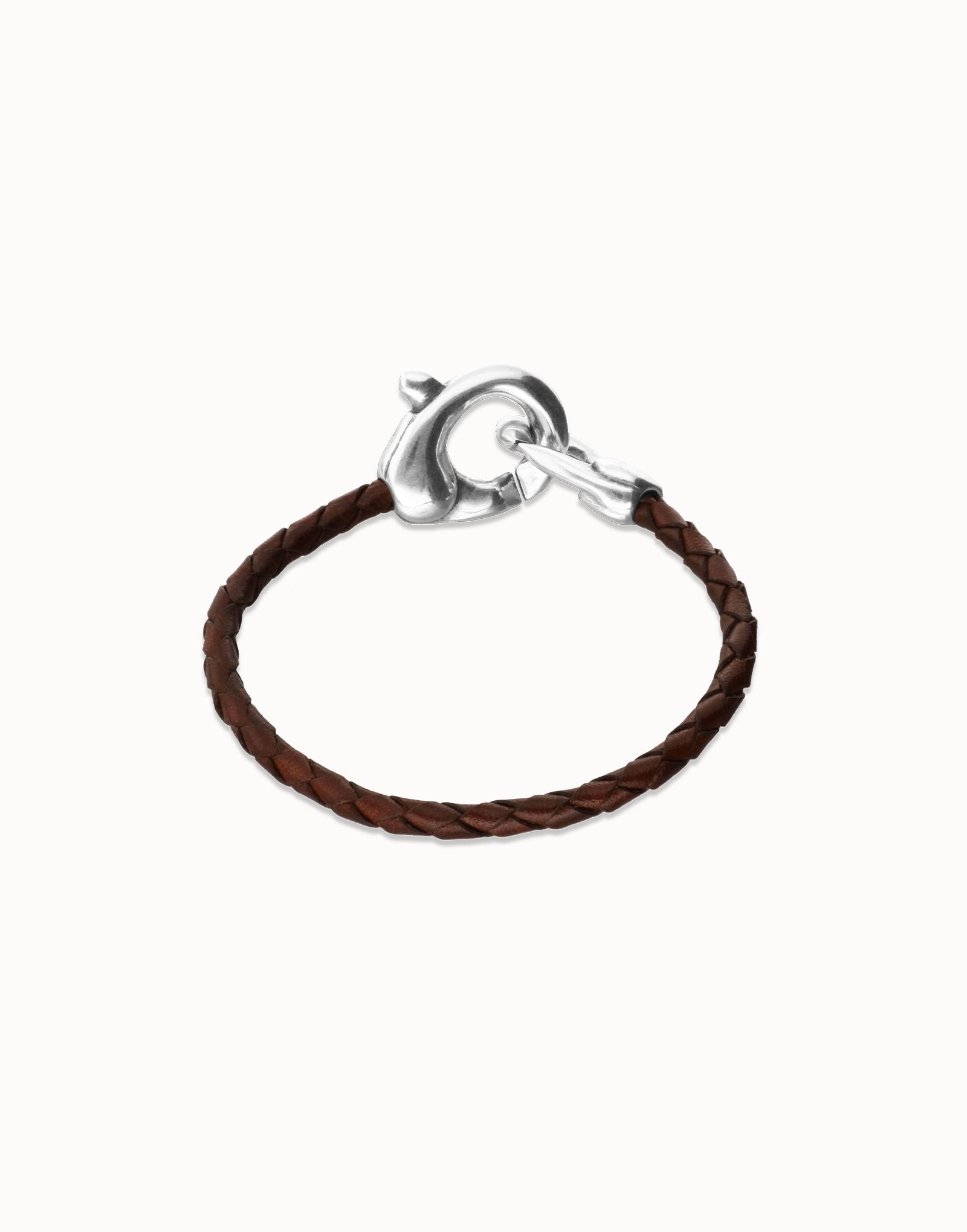 Brown leather bracelet with interlocking carabiner, Silver, large thumbnail