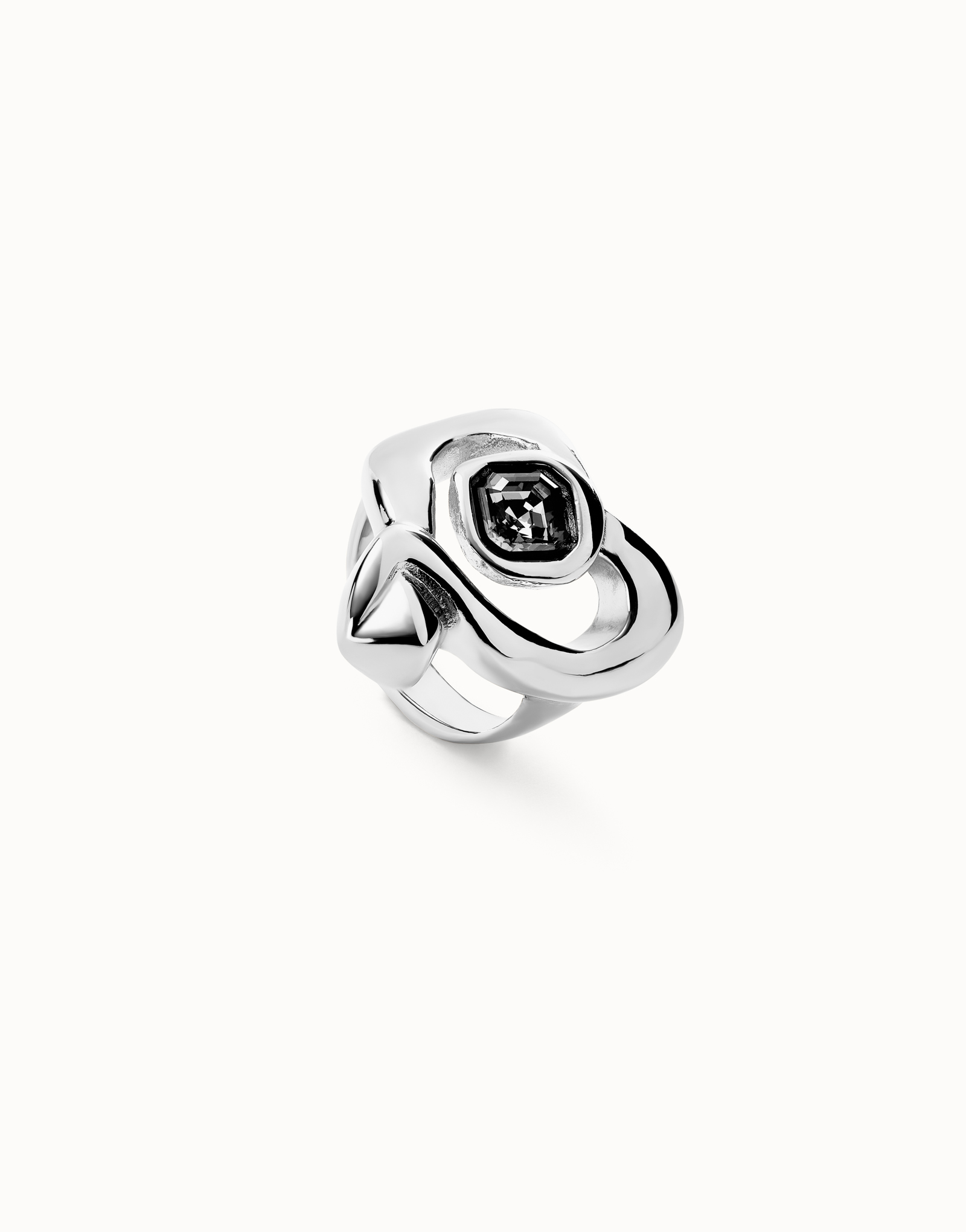 Ring with heart and central black crystal, Silver, large thumbnail