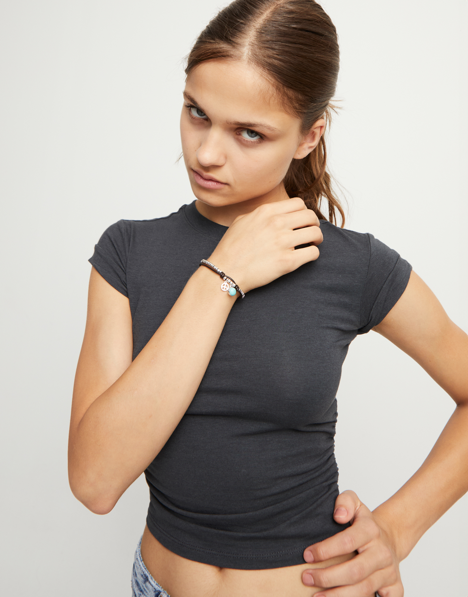 Leather beaded bracelet with turquoise murano glass, Silver, large thumbnail
