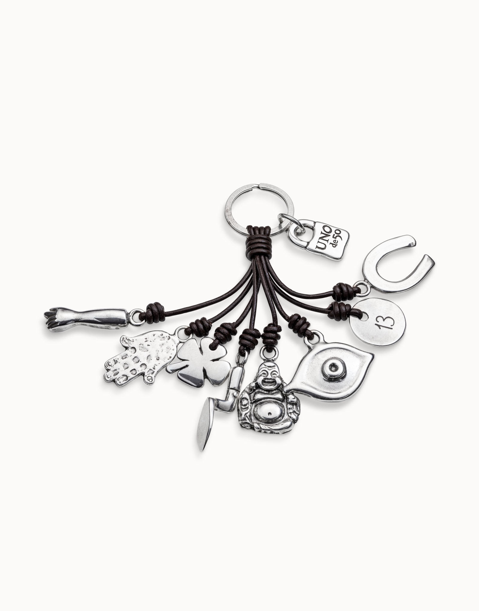 Leather key-ring and sterling silver-plated charms, Silver, large thumbnail