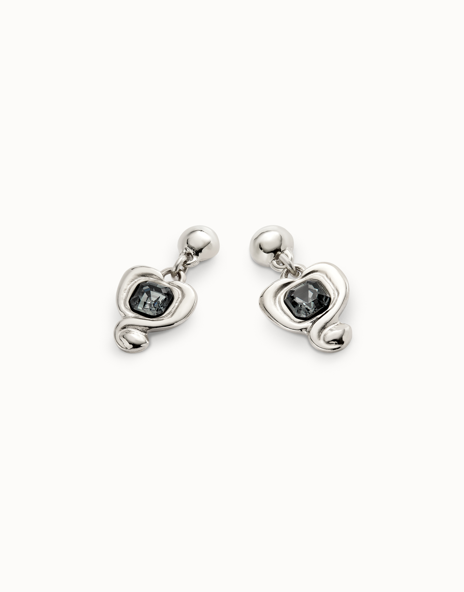 Drop earrings with a heart and black crystal, Silver, large thumbnail