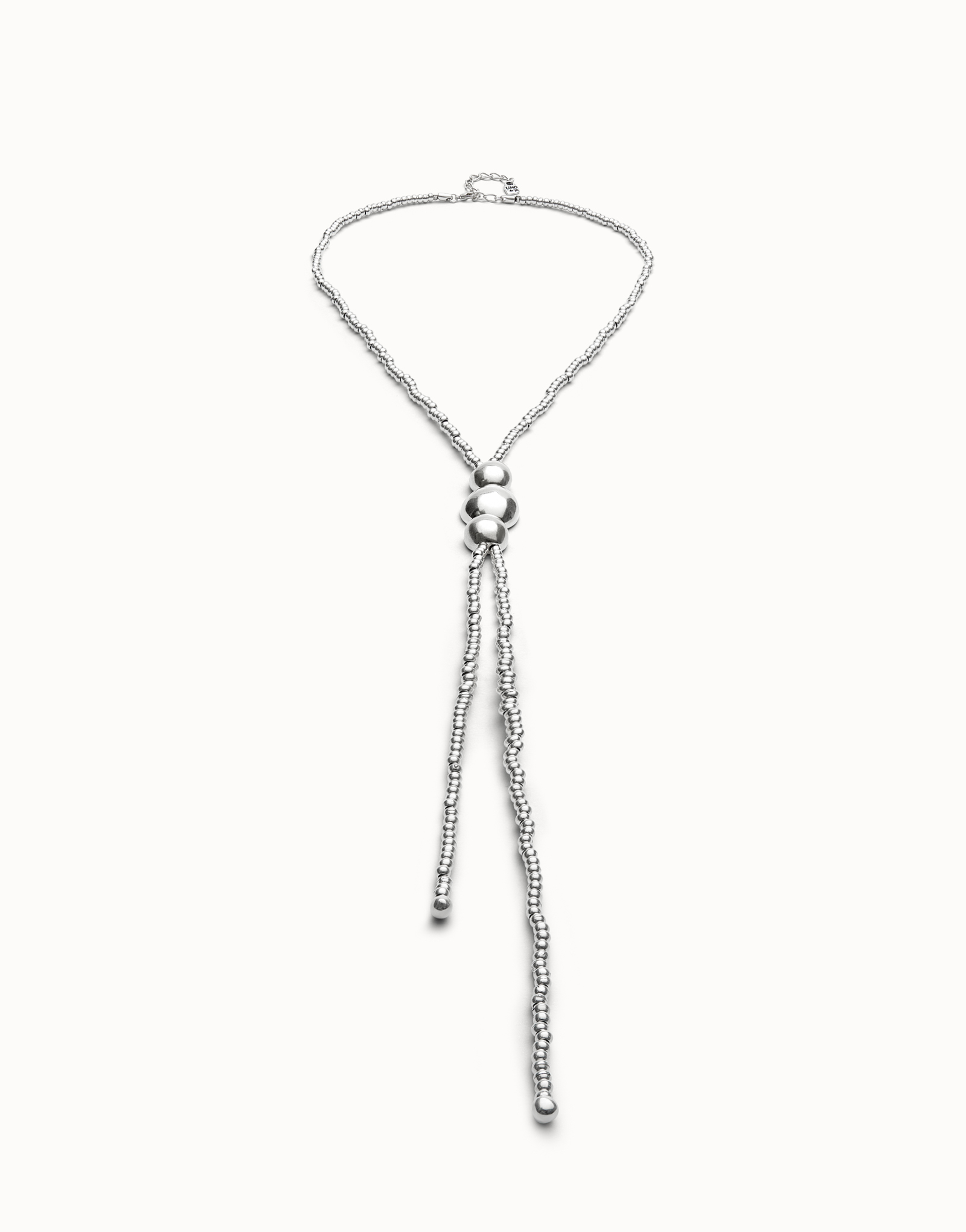 Long bead necklaces with three large central beads, Silver, large thumbnail