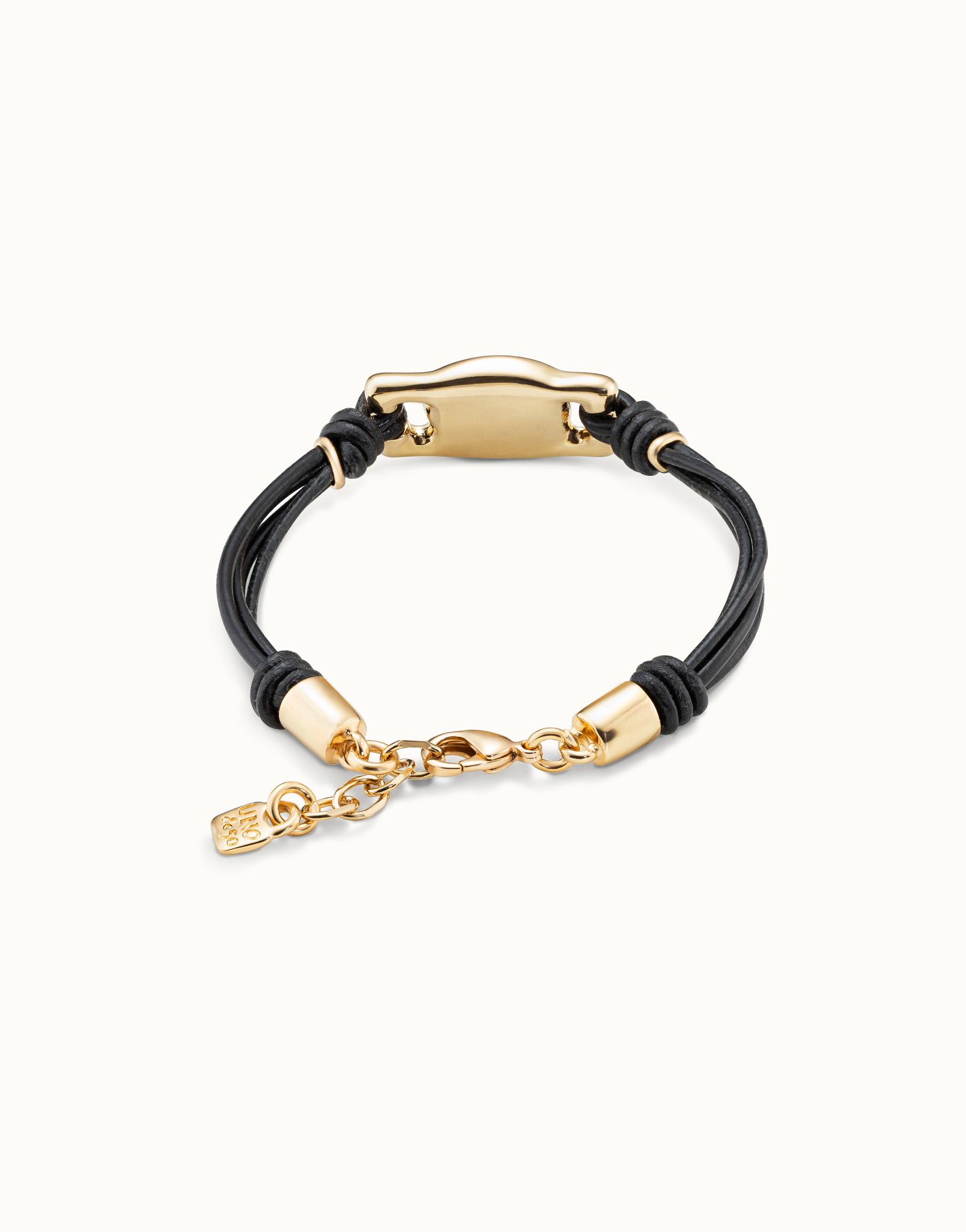 Brown leather bracelet with rectangular white bead, Golden, large thumbnail