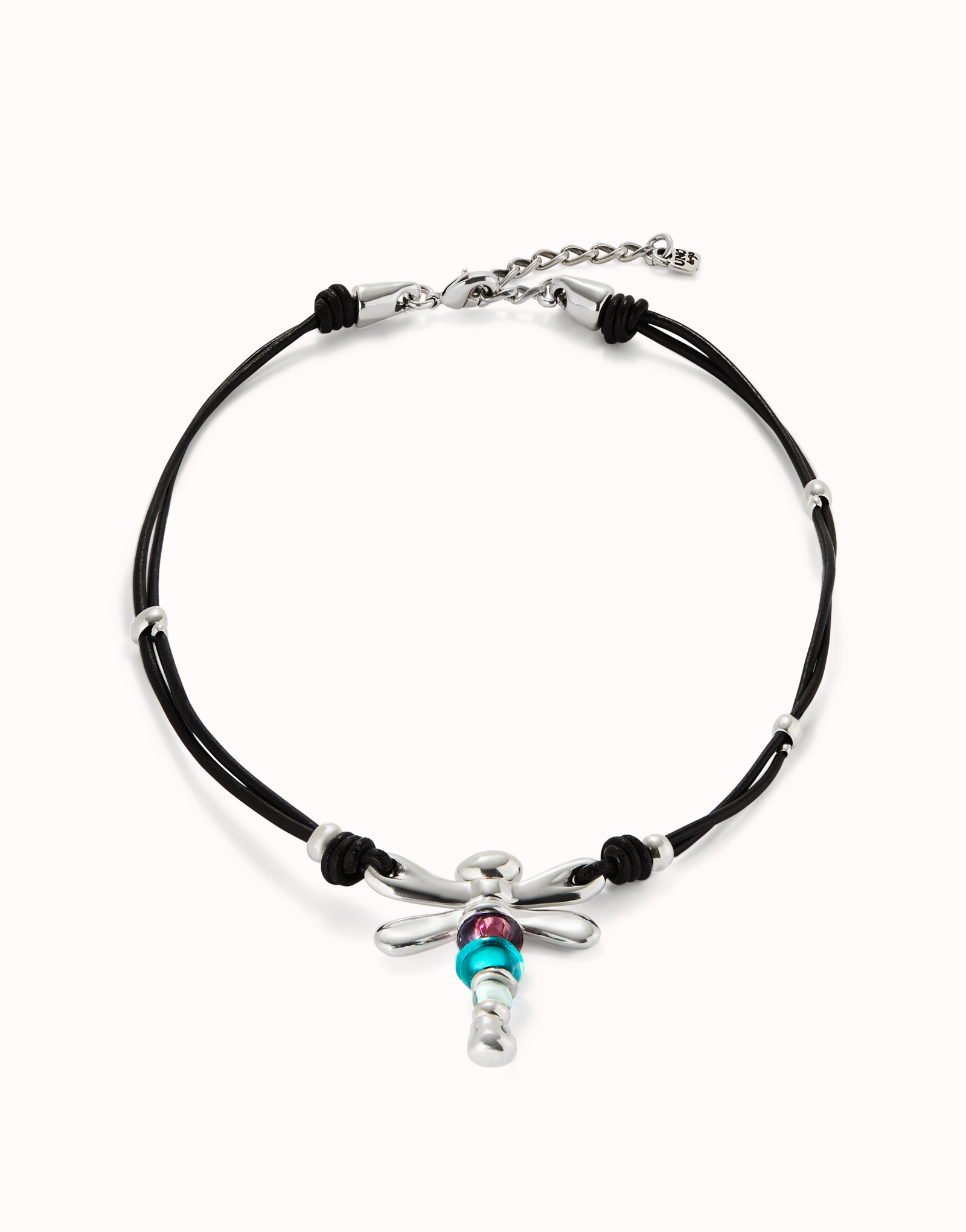 Collana di cuoio e libellula placcata argento sterling con cristalli, Argent, large thumbnail