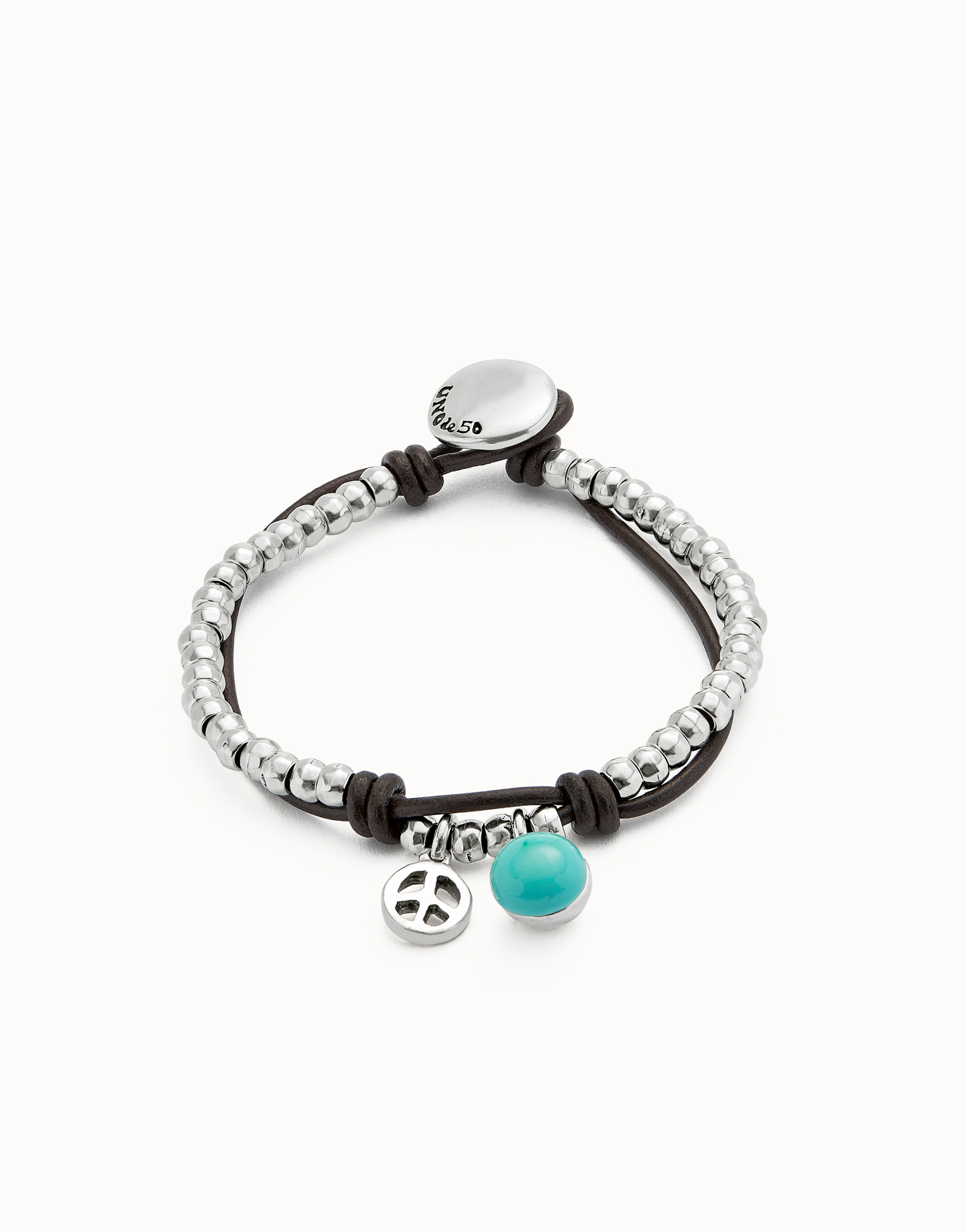 Leather beaded bracelet with turquoise murano glass, Silver, large thumbnail