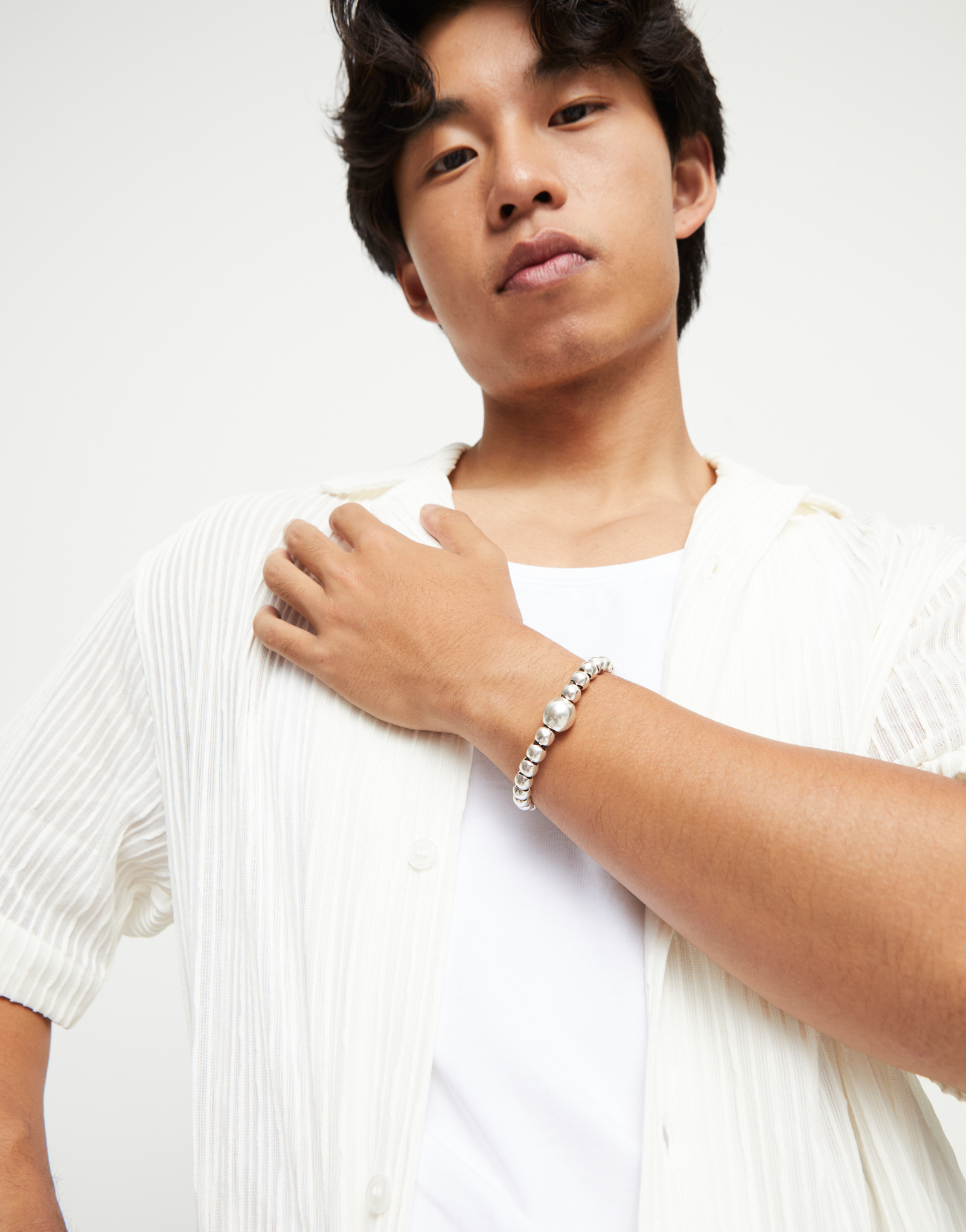 Leather bracelet with a large bead, Silver, large thumbnail