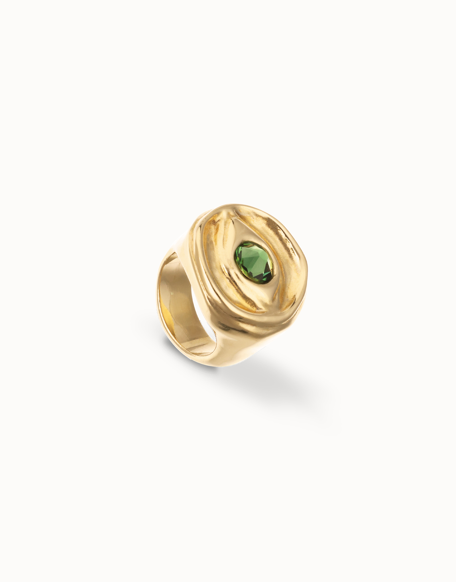 Eye-shaped signet ring with faceted green crystal, Golden, large thumbnail
