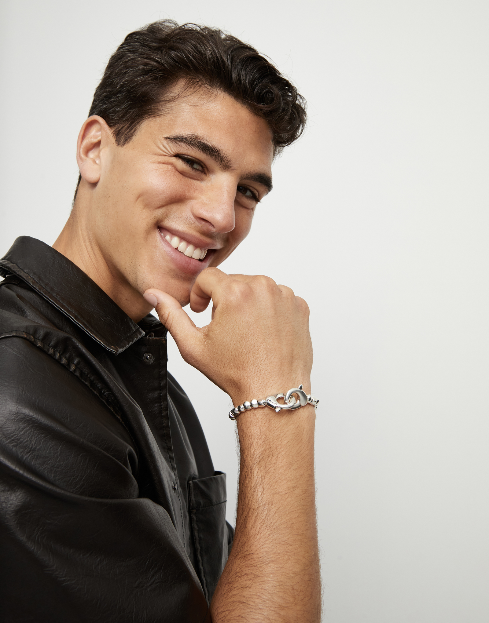 Beads bracelet with interlocking carabiner, Silver, large thumbnail