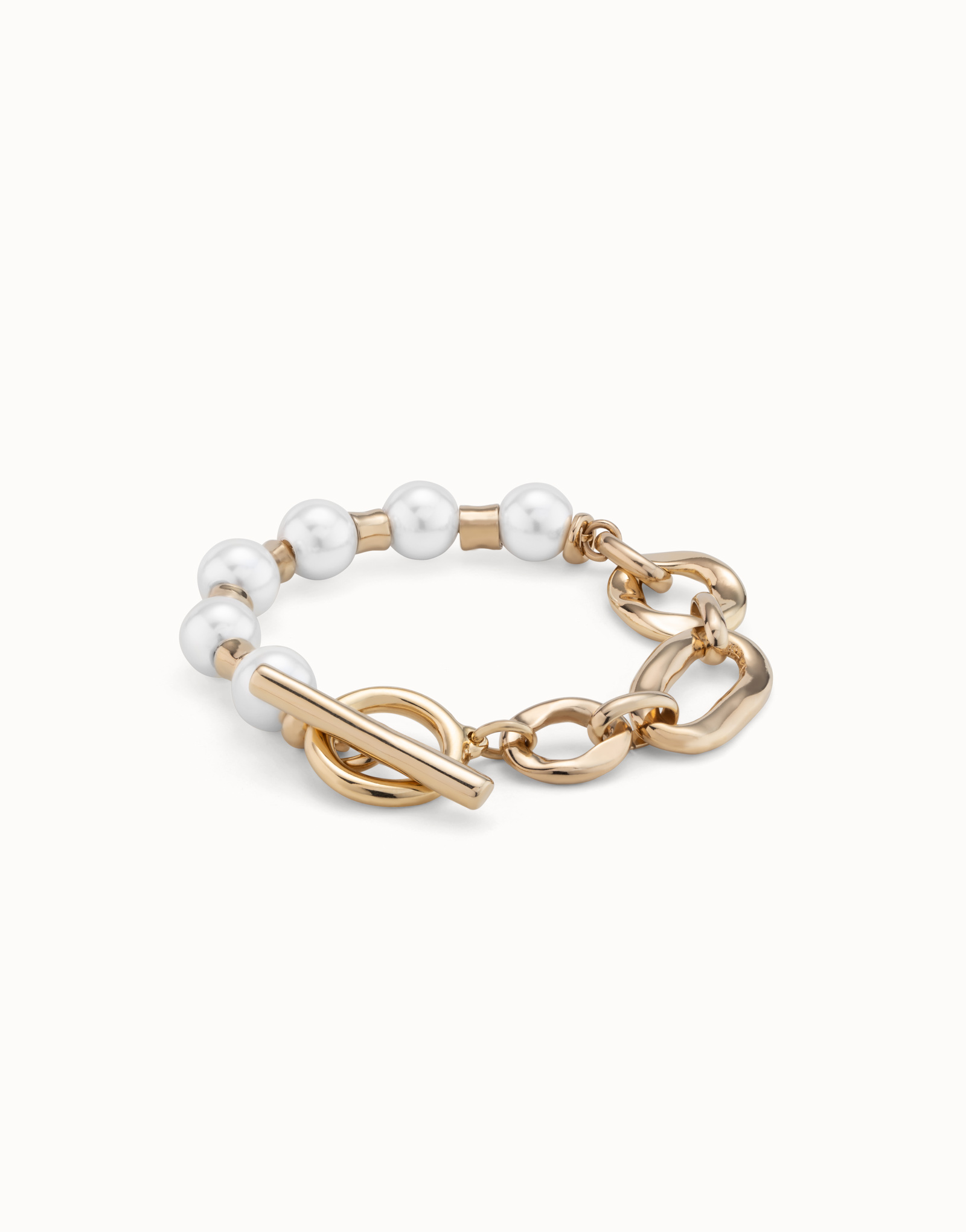 Link chain bracelet with pearls, Golden, large thumbnail