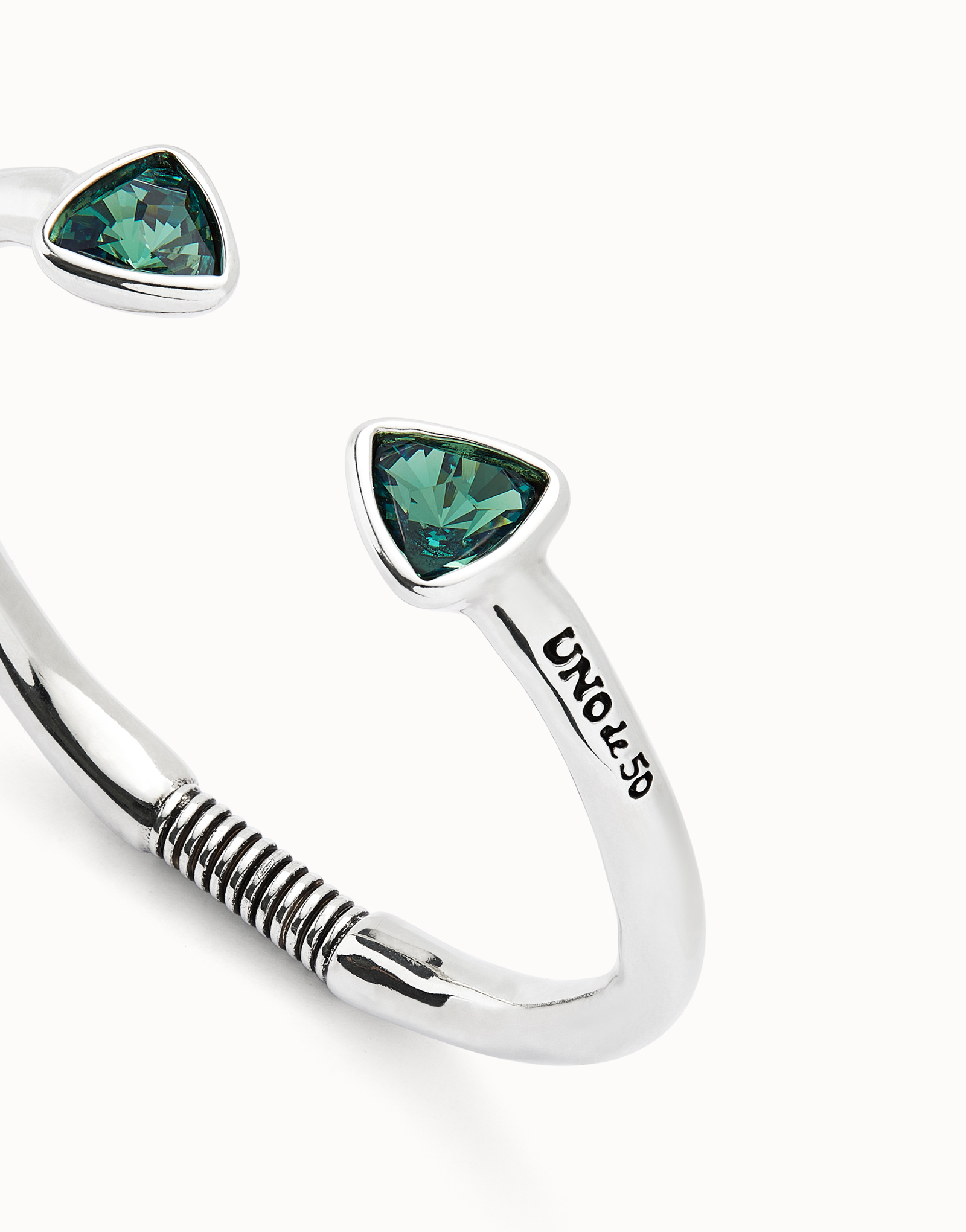 Cuff bracelet with two green  crystals, Silver, large thumbnail