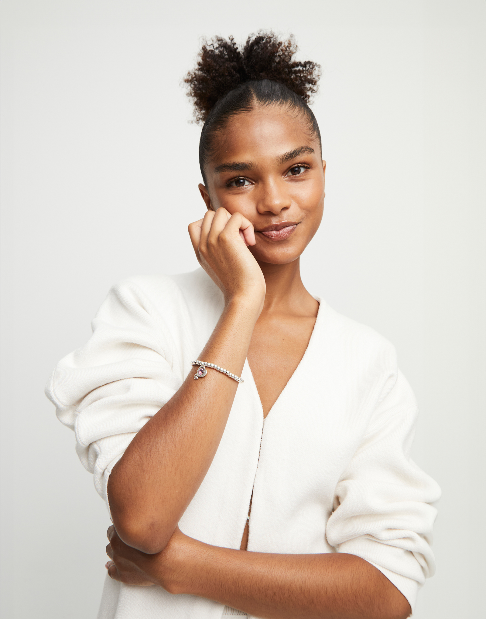 Bracciale a sfere placcate argento Sterling con cuore con cristallo rosa, Argent, large thumbnail