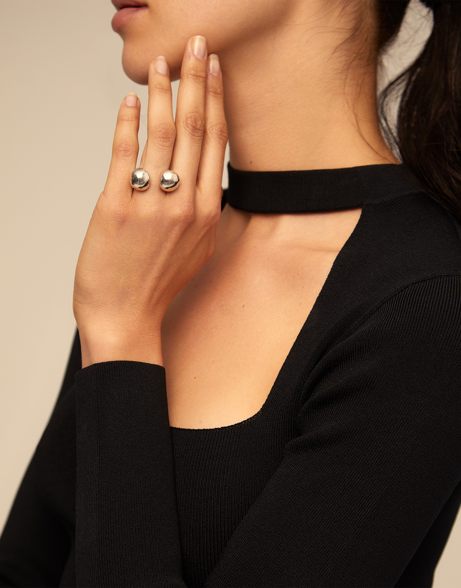 Open ring with two beads, Silver, large thumbnail