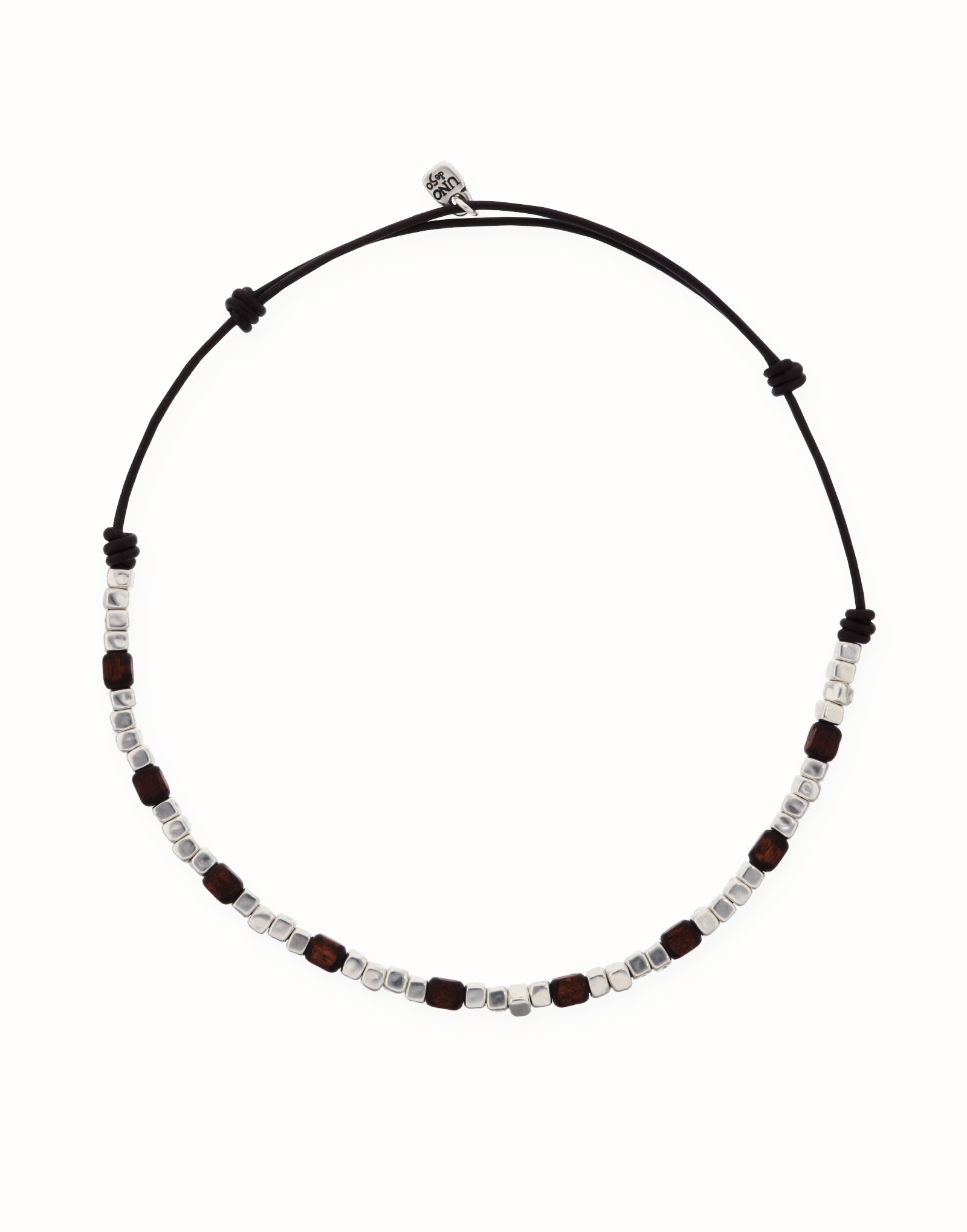 Leather necklace with silver and wooden beads, Silver, large thumbnail
