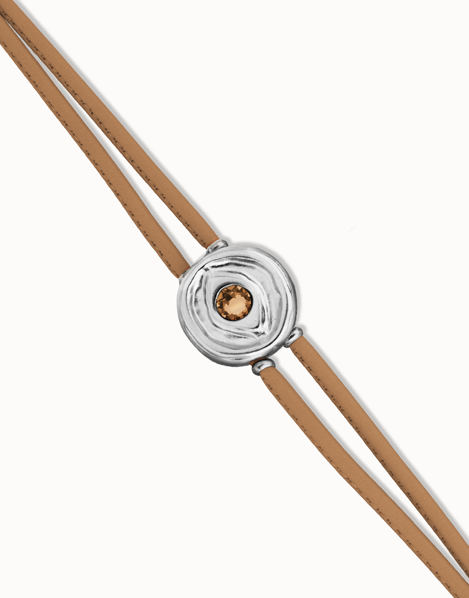 Bracelet double en cuir crème avec œil plaqué argent, Argent, large thumbnail