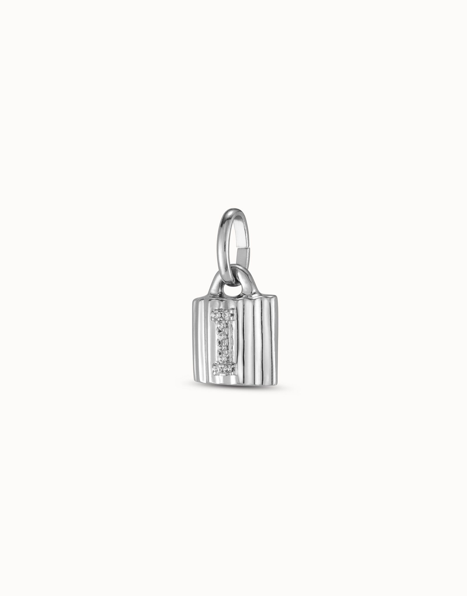 Sterling silver-plated padlock charm with topaz letter I, Silver, large thumbnail