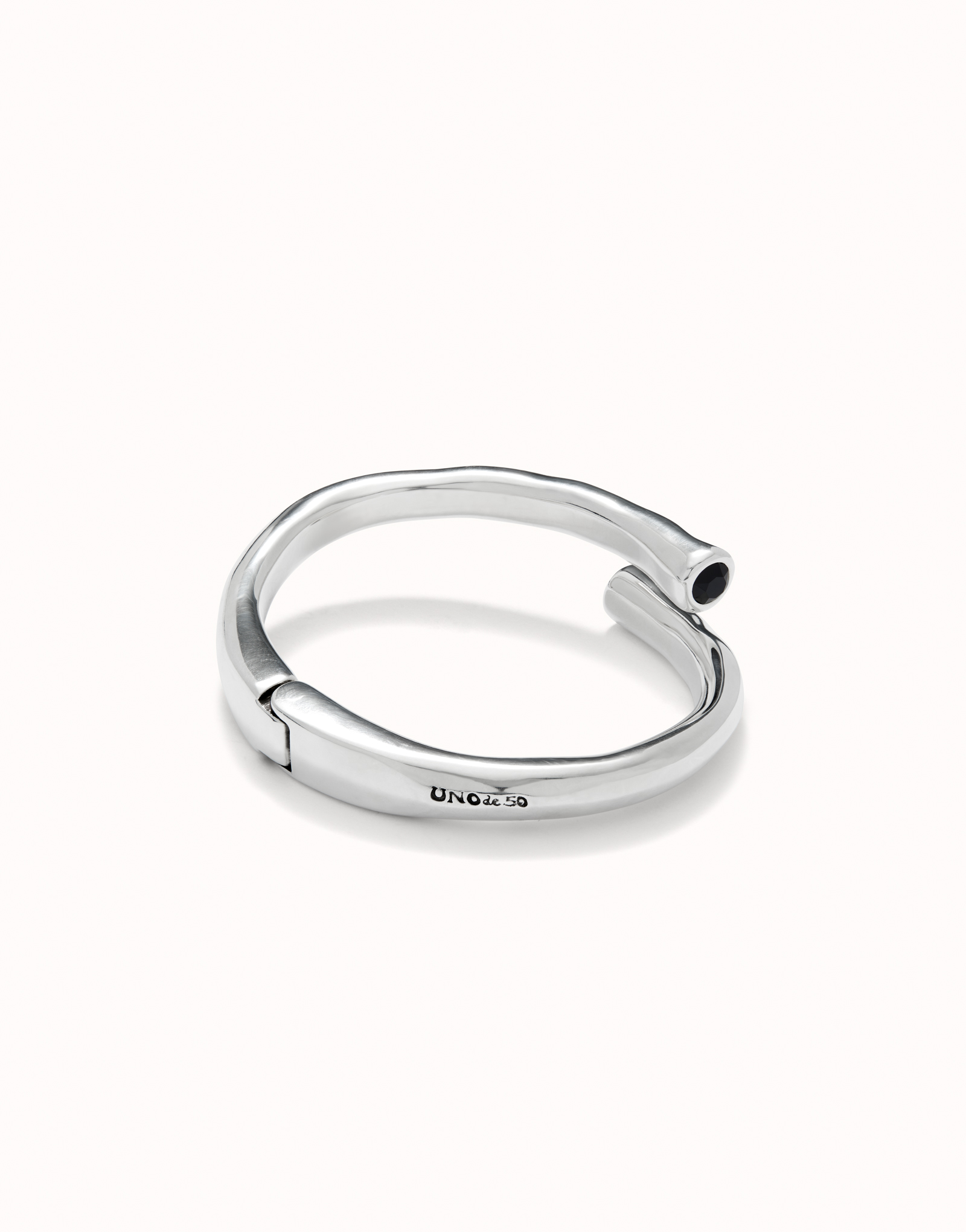 Bangle bracelet with two black crystal, Silver, large thumbnail