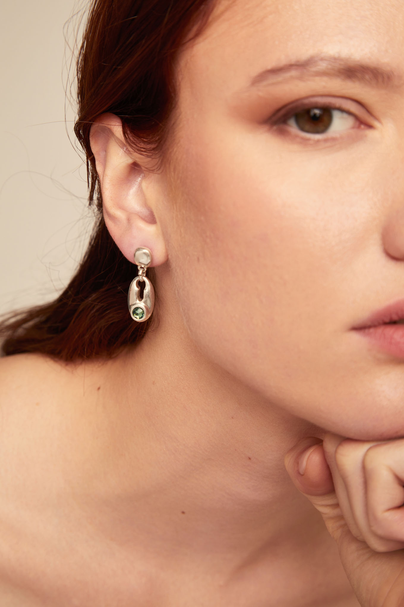 Drop earrings with green crystal, Silver, large thumbnail