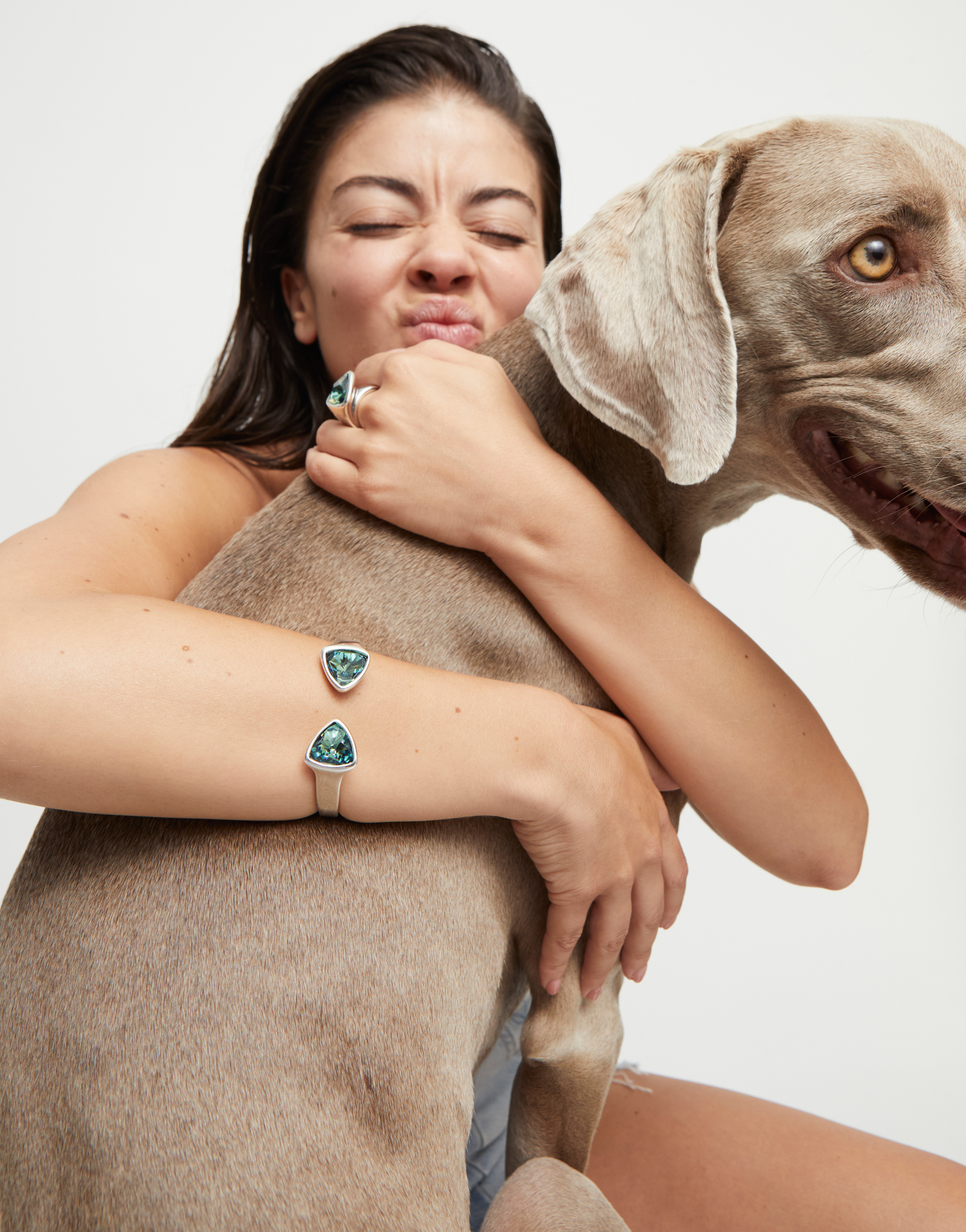 Bangle bracelet with two green crystals, Silver, large thumbnail