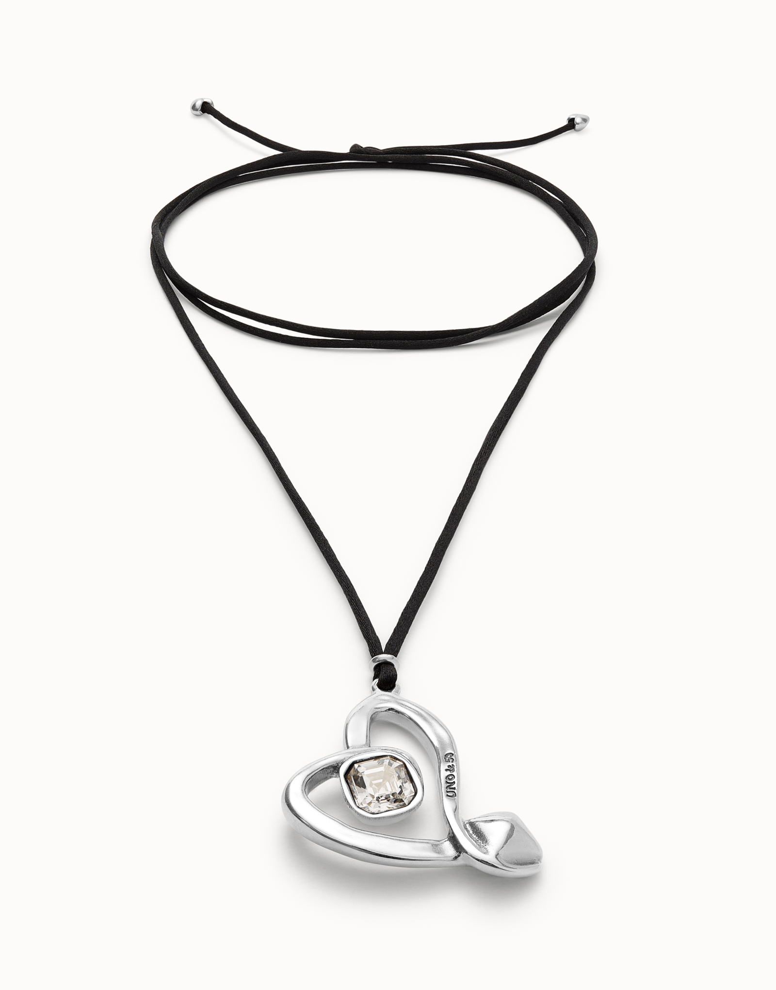 Collier long en forme de cordon effet soie et cœur plaqué argent et cristal trasparent, Argent, large thumbnail