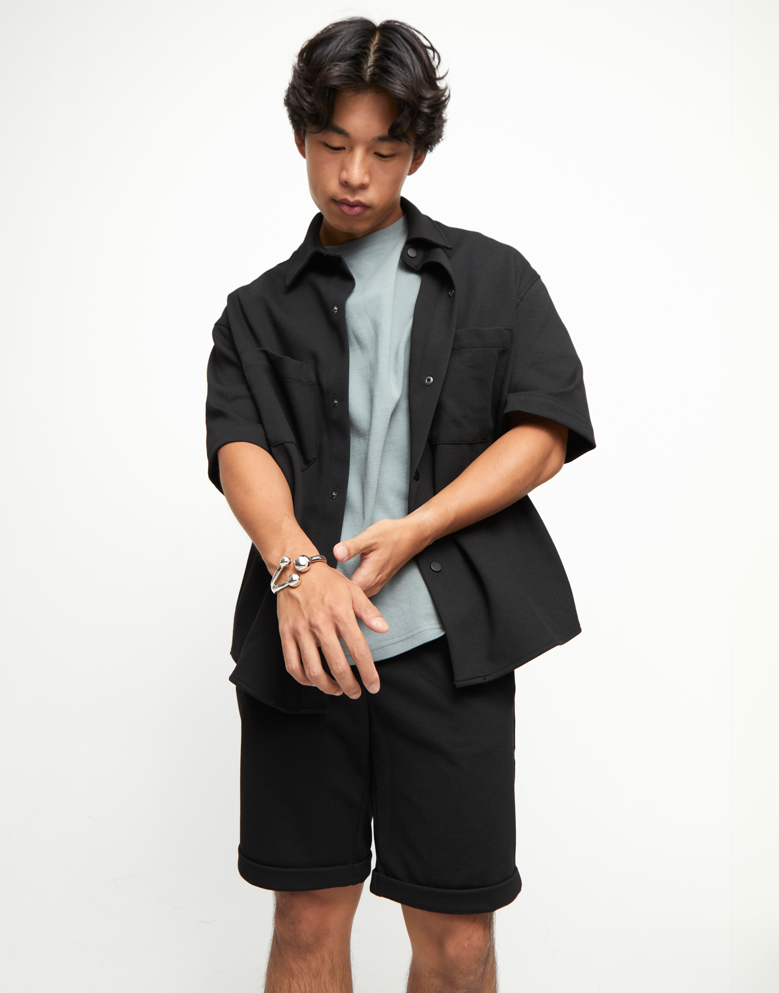 Cuff bracelet with three beads, Silver, large thumbnail