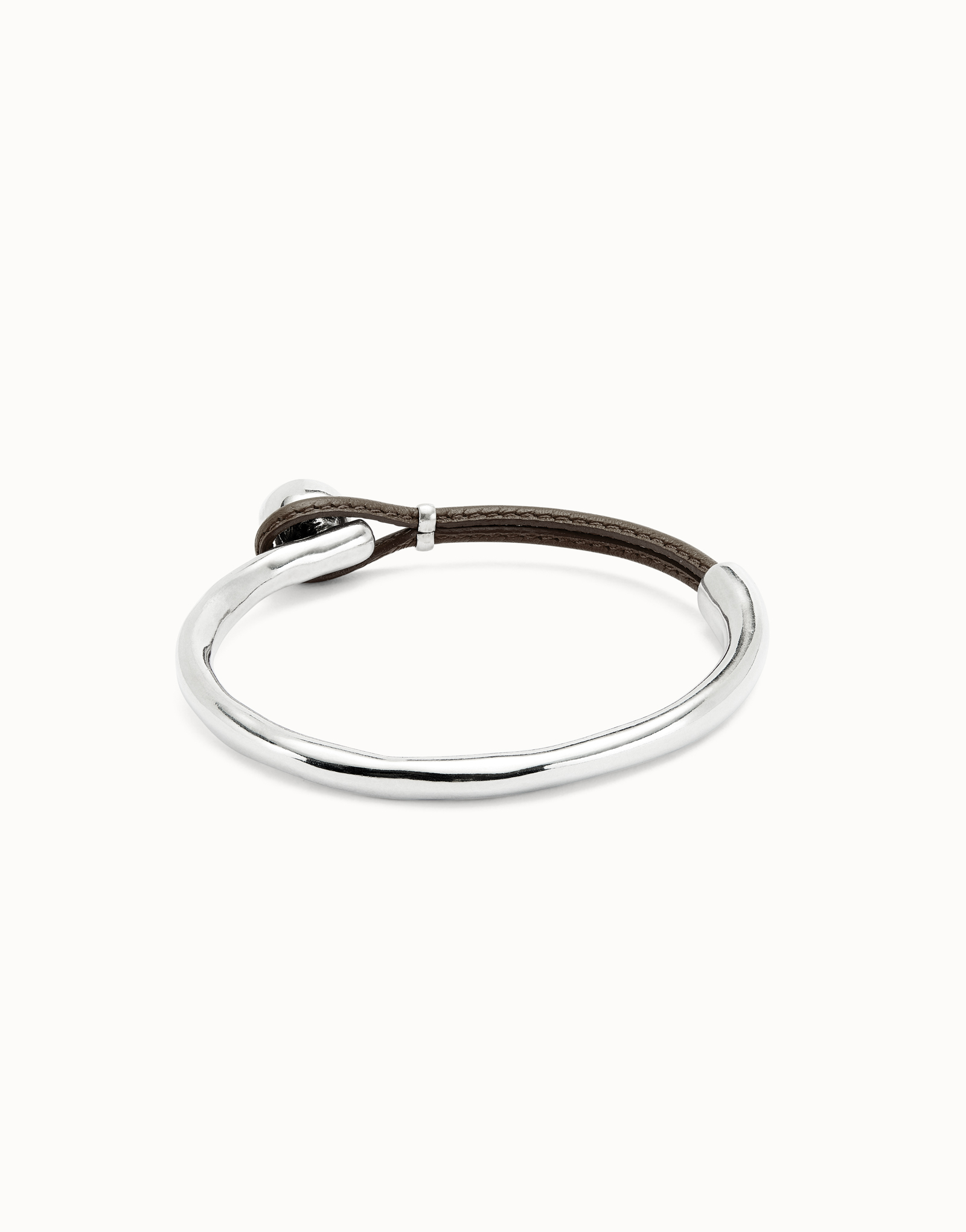 Bangle bracelet with brown leather, Silver, large thumbnail