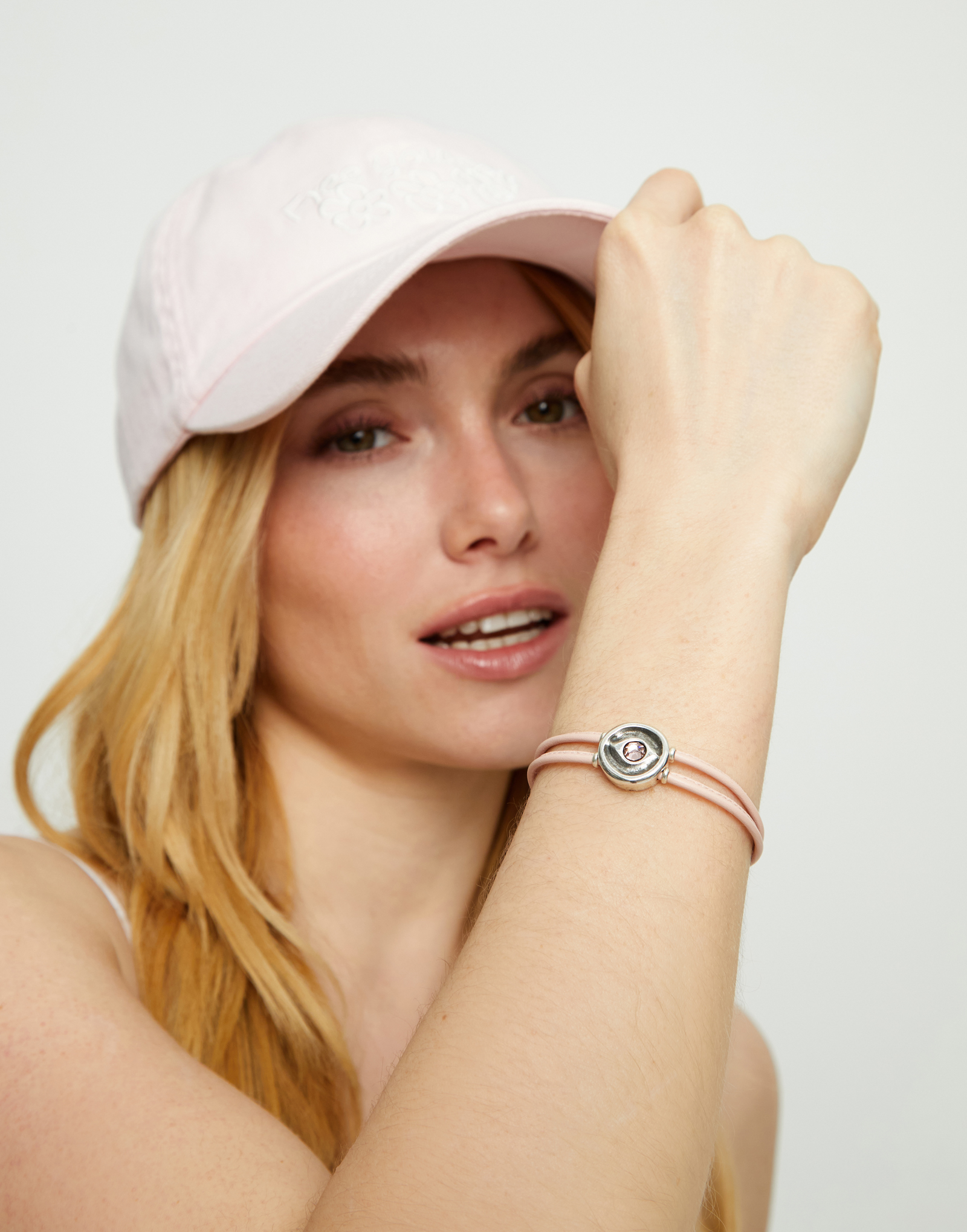 Double pink leather birthstone bracelet with eye, Silver, large thumbnail