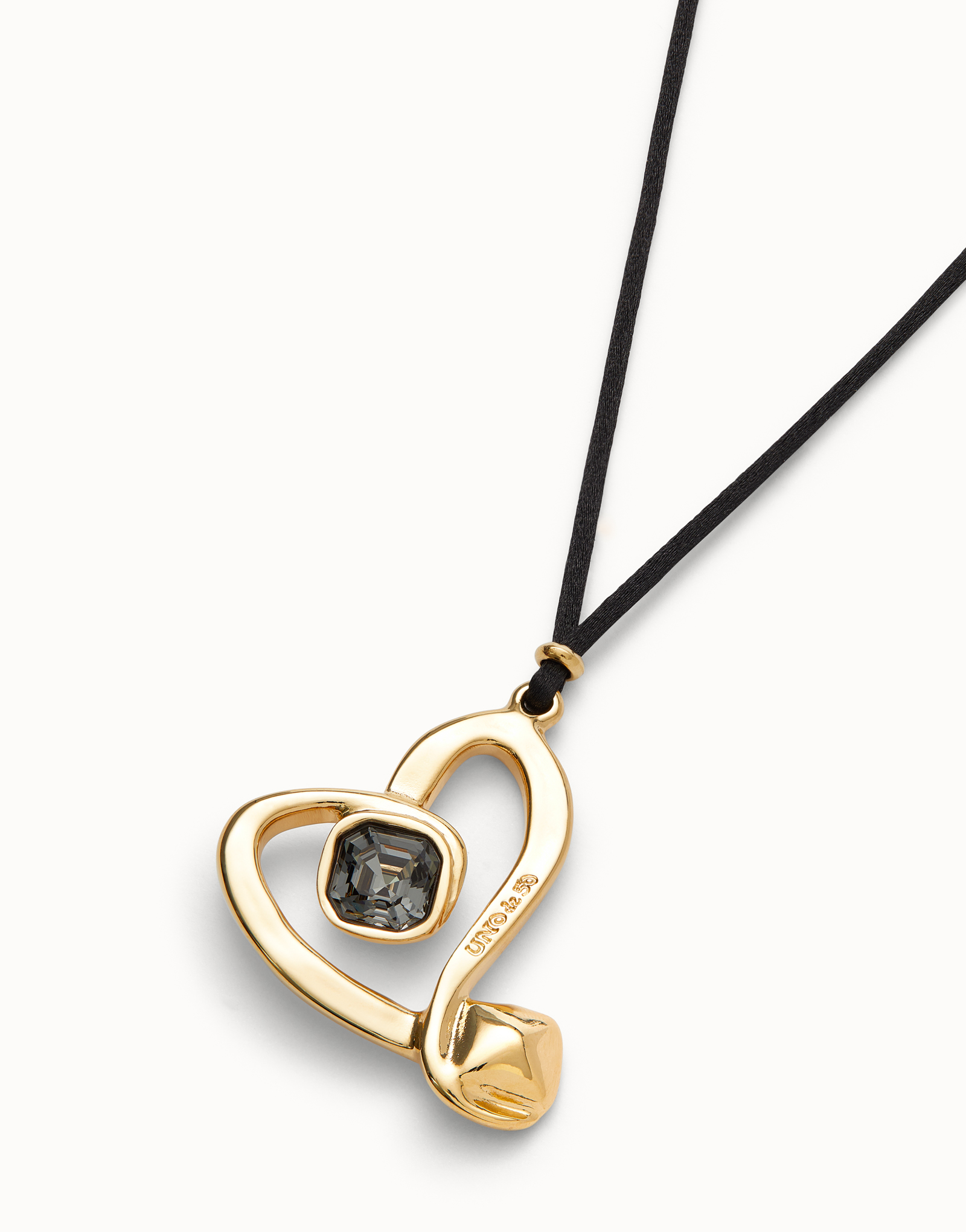 Long pendant and central heart with black crystal, Golden, large thumbnail