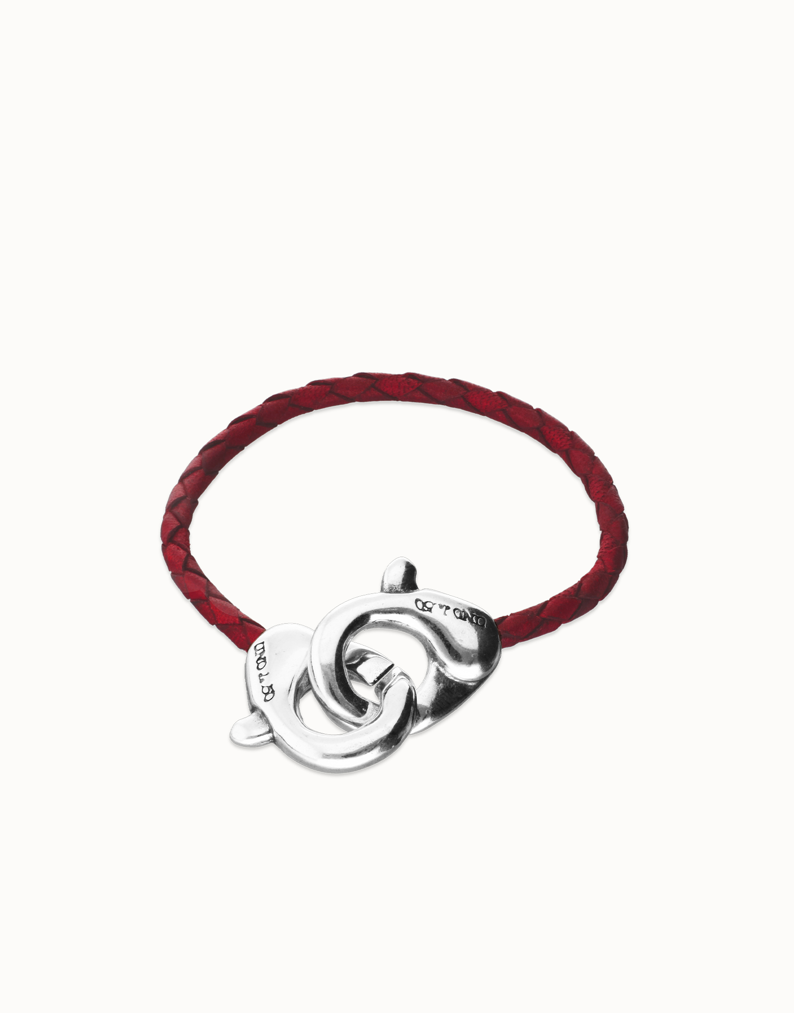 Red leather bracelet with interlocking carabiner, Silver, large thumbnail