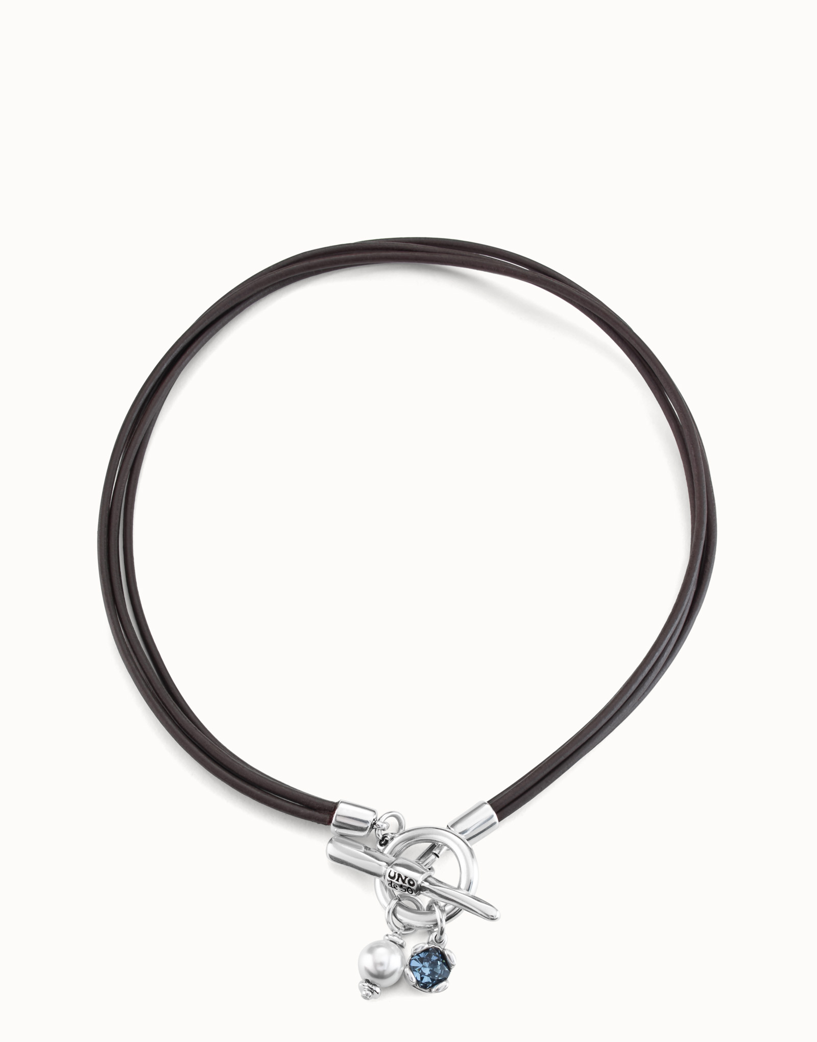 Short leather necklace with central clasp, Silver, large thumbnail