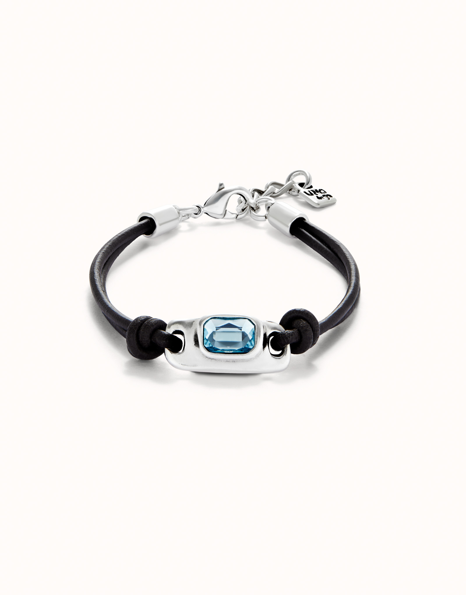 Leather bracelet with a blue  crystal, Silver, large thumbnail