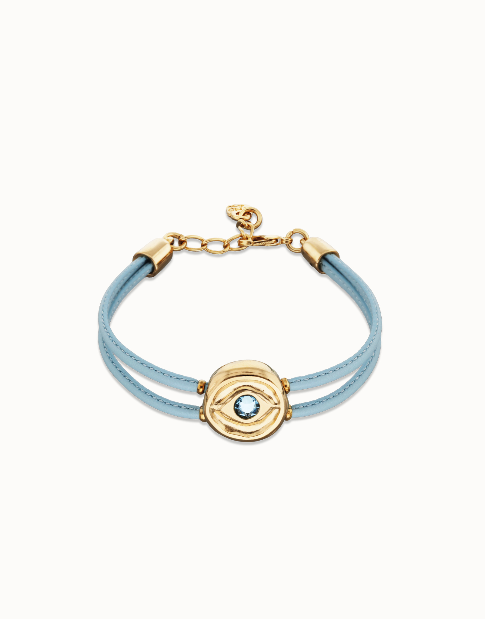 Double blue leather birthstone bracelet with eye, Golden, large thumbnail
