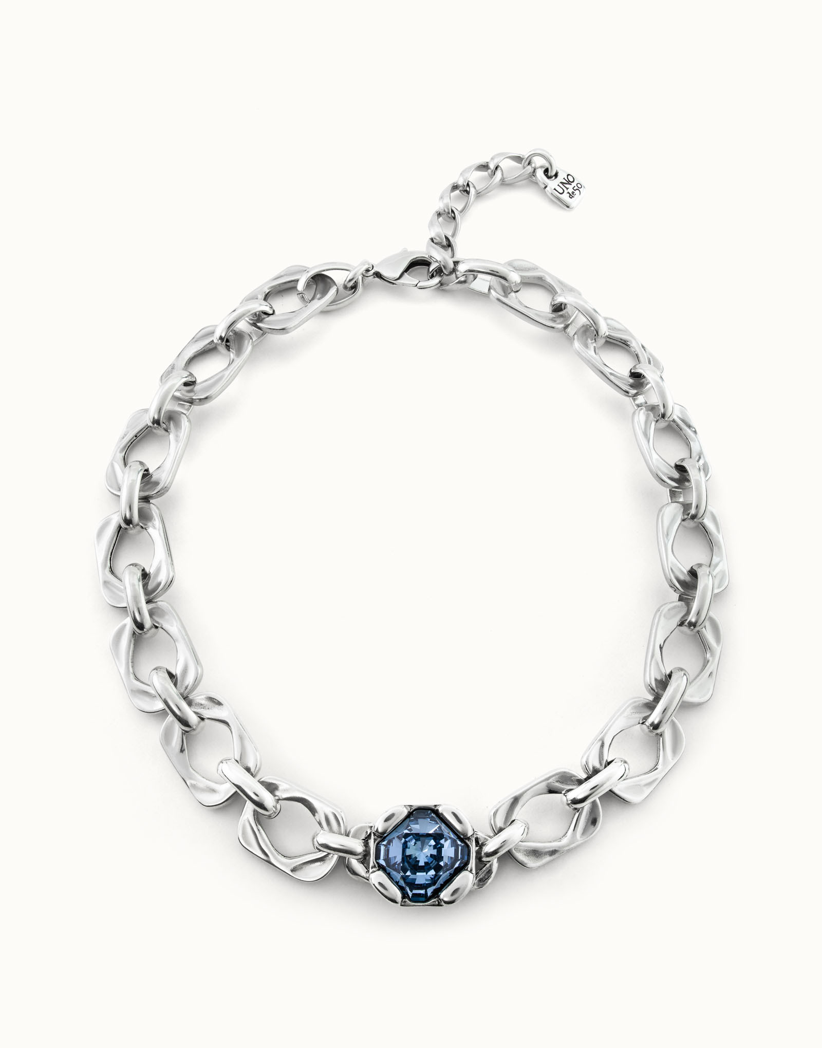 Short link chain necklace with large blue crystal, Silver, large thumbnail
