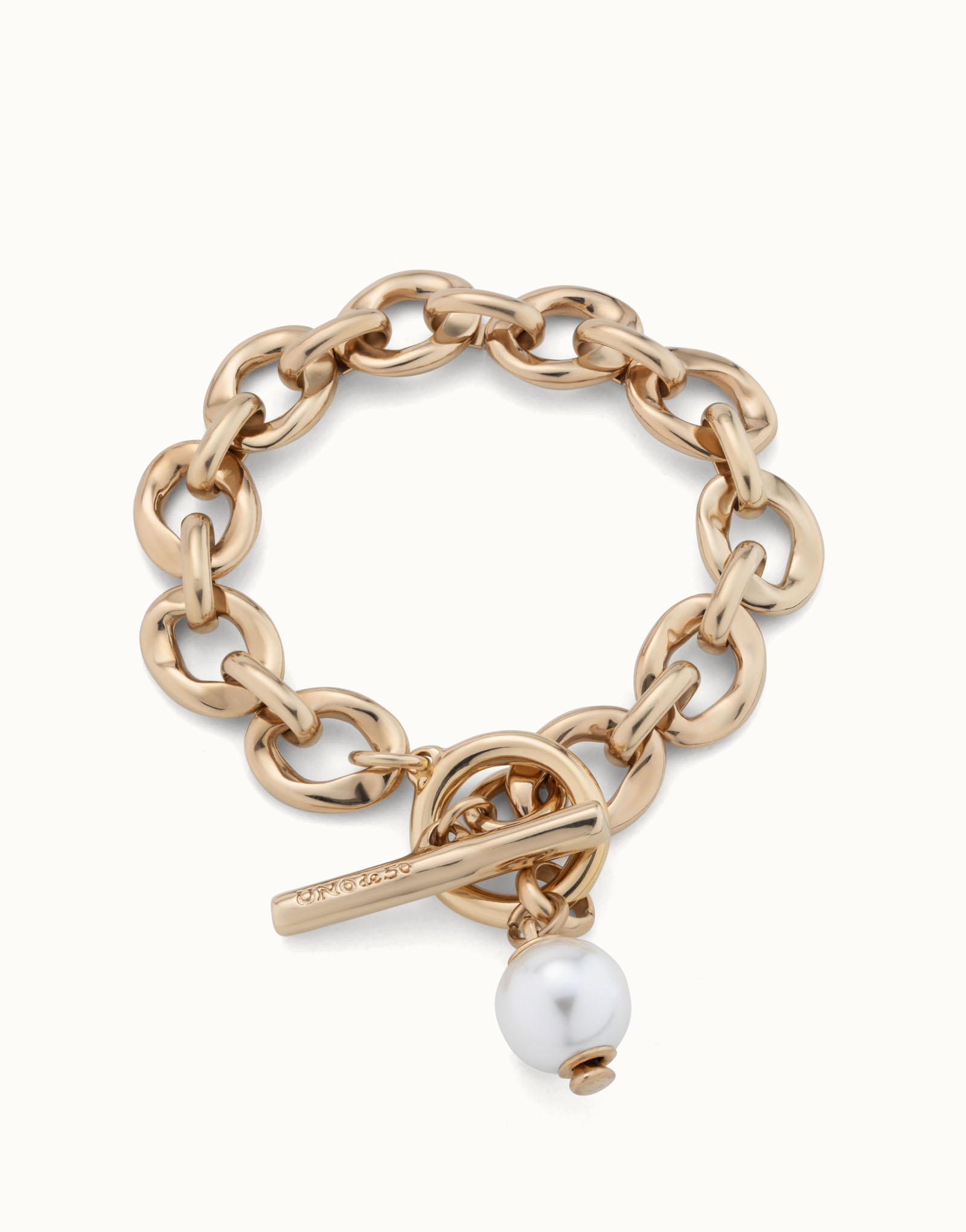 Large link chain bracelet with a pearl, Golden, large thumbnail