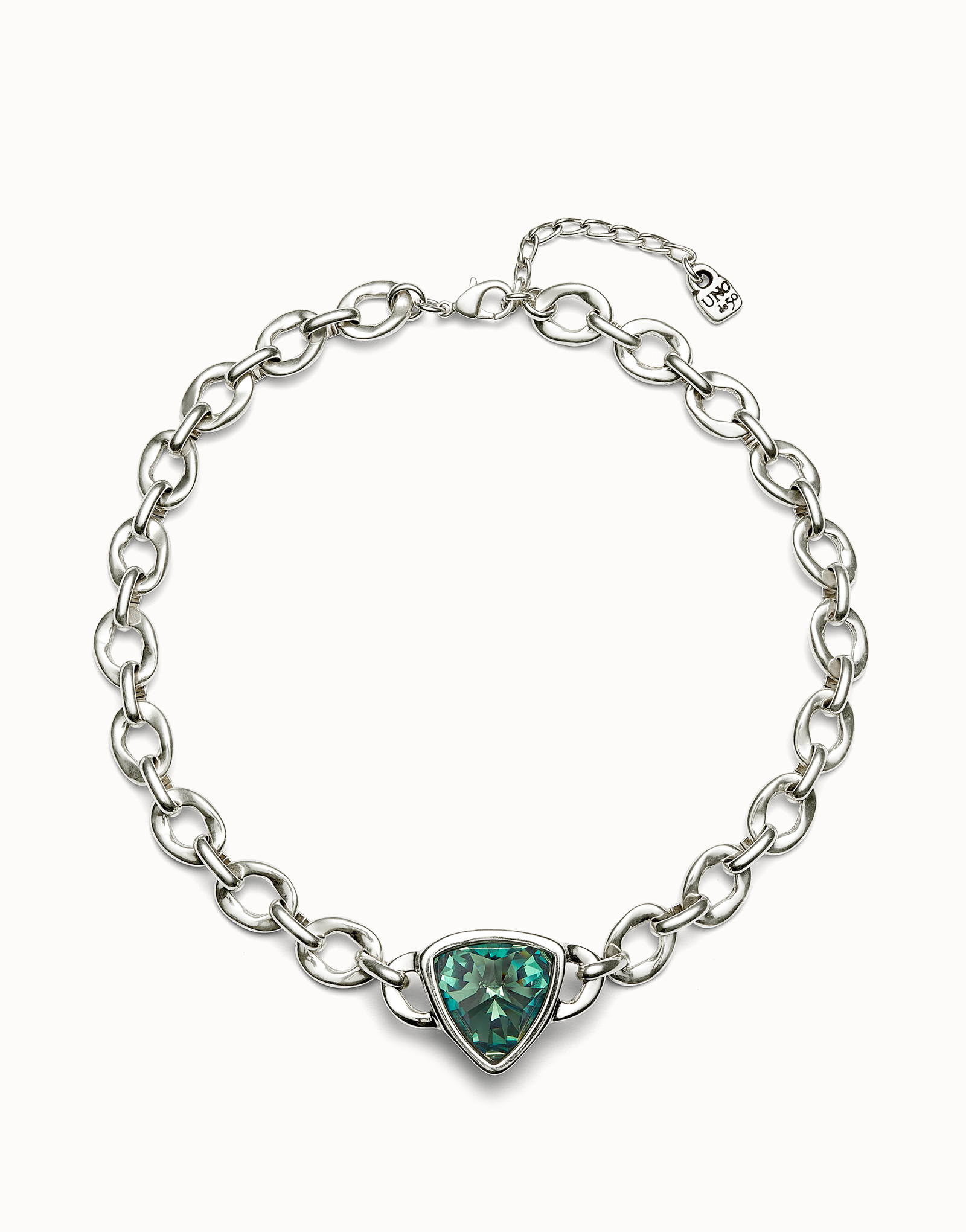 Link chain short necklace with a green crystal, Silver, large thumbnail