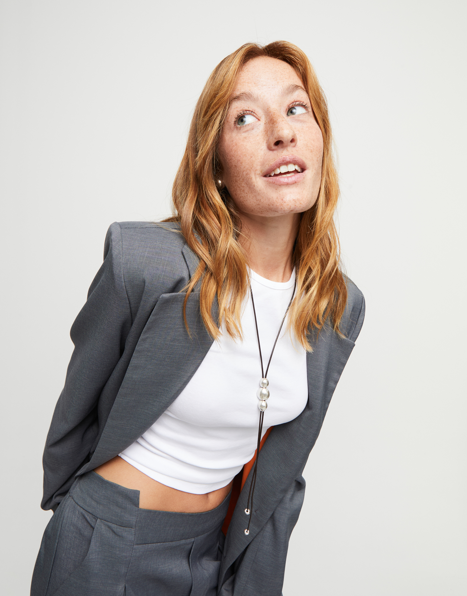 Long leather necklace with three central beads, Silver, large thumbnail