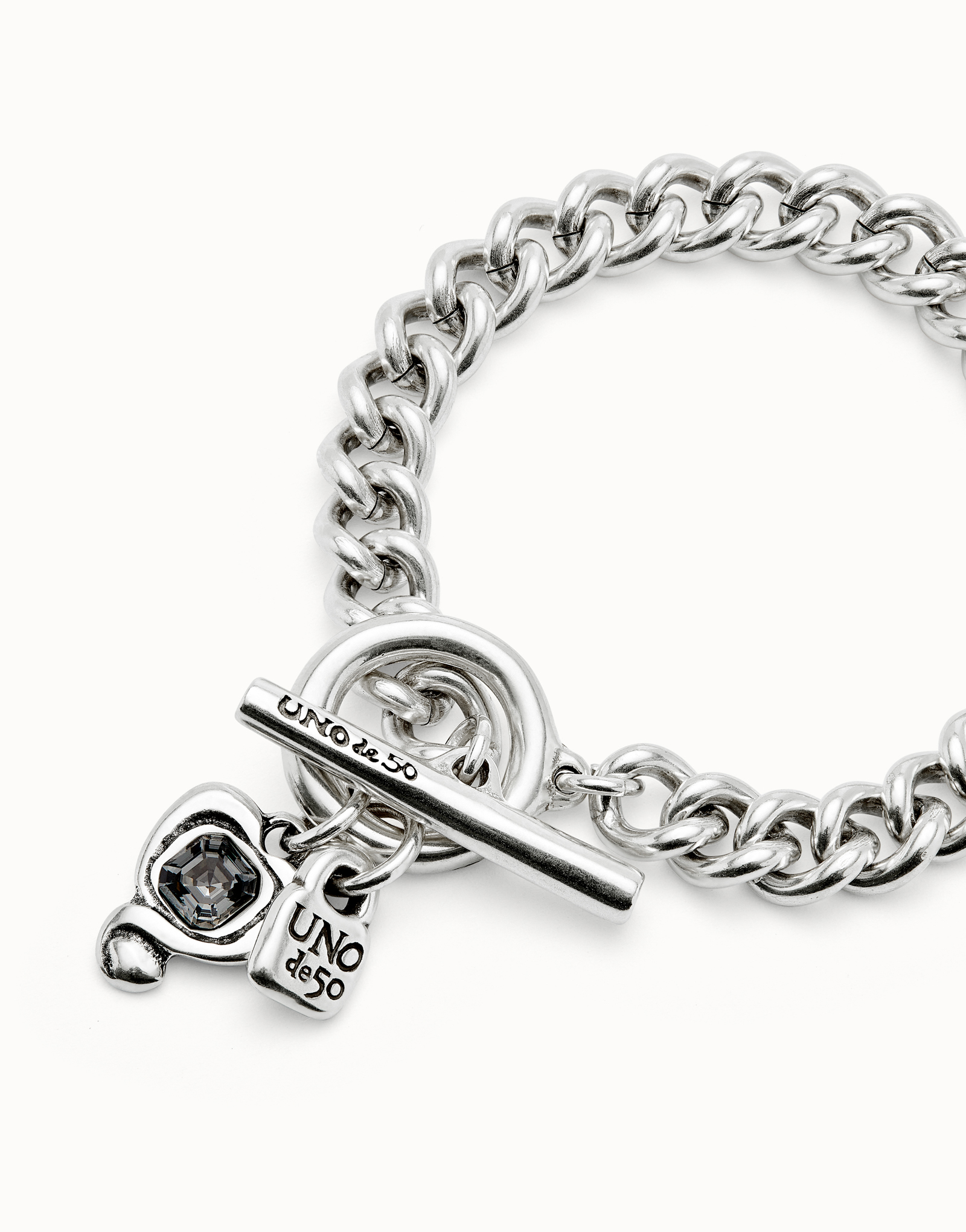 Curb link chain bracelet with charms, Silver, large thumbnail