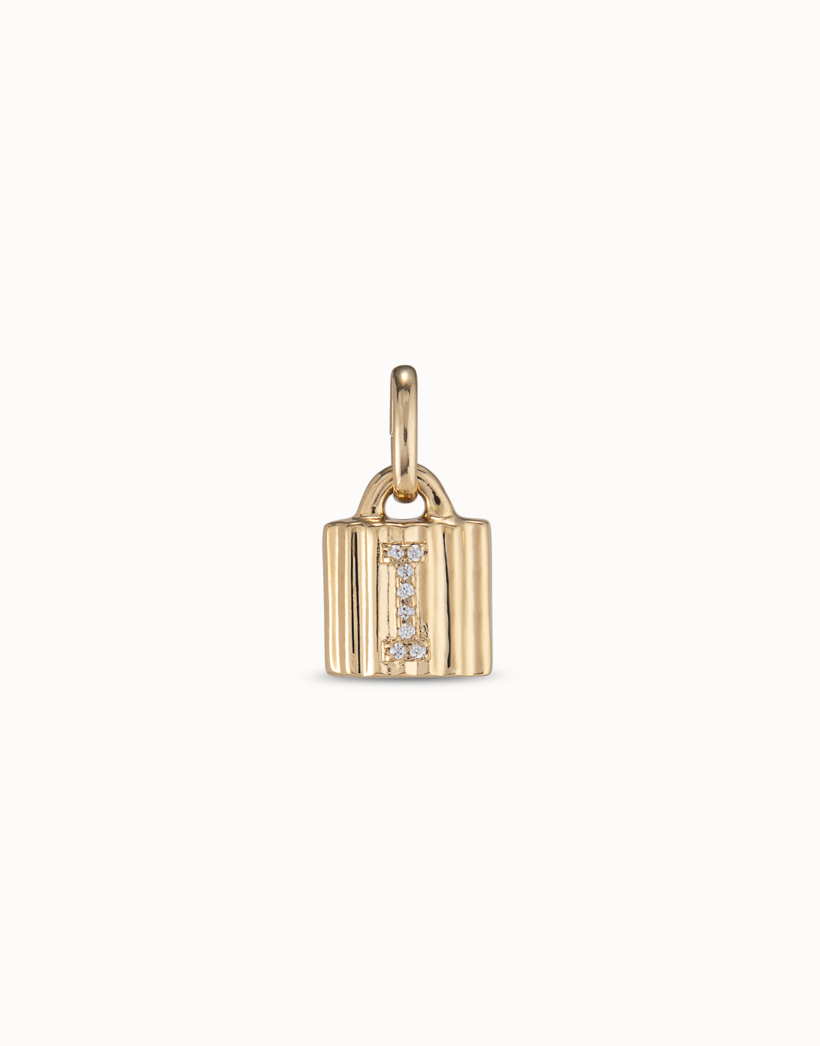 18K gold-plated padlock charm with topaz letter I, Golden, large thumbnail