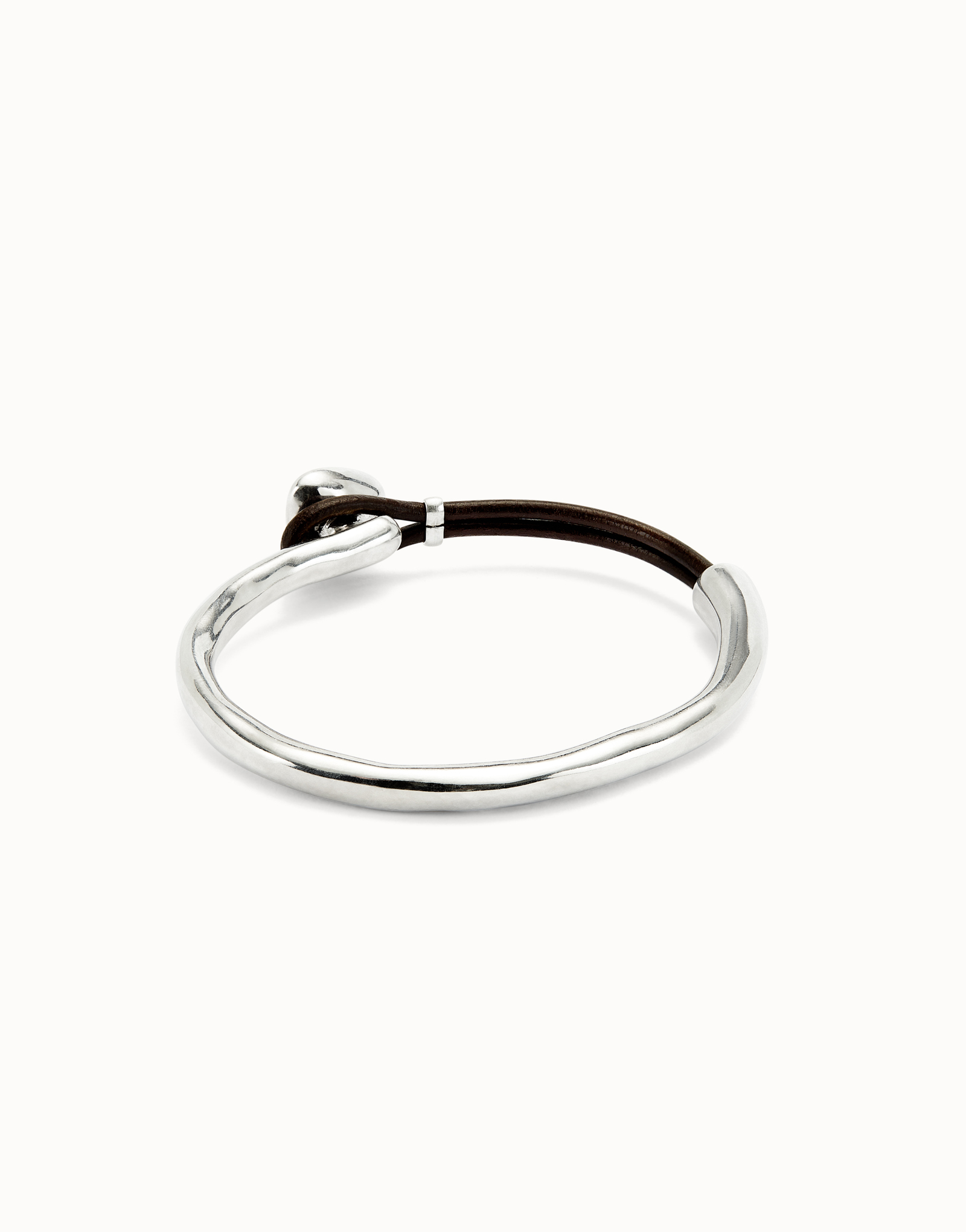 Bangle bracelet with leather and green crystal, Silver, large thumbnail