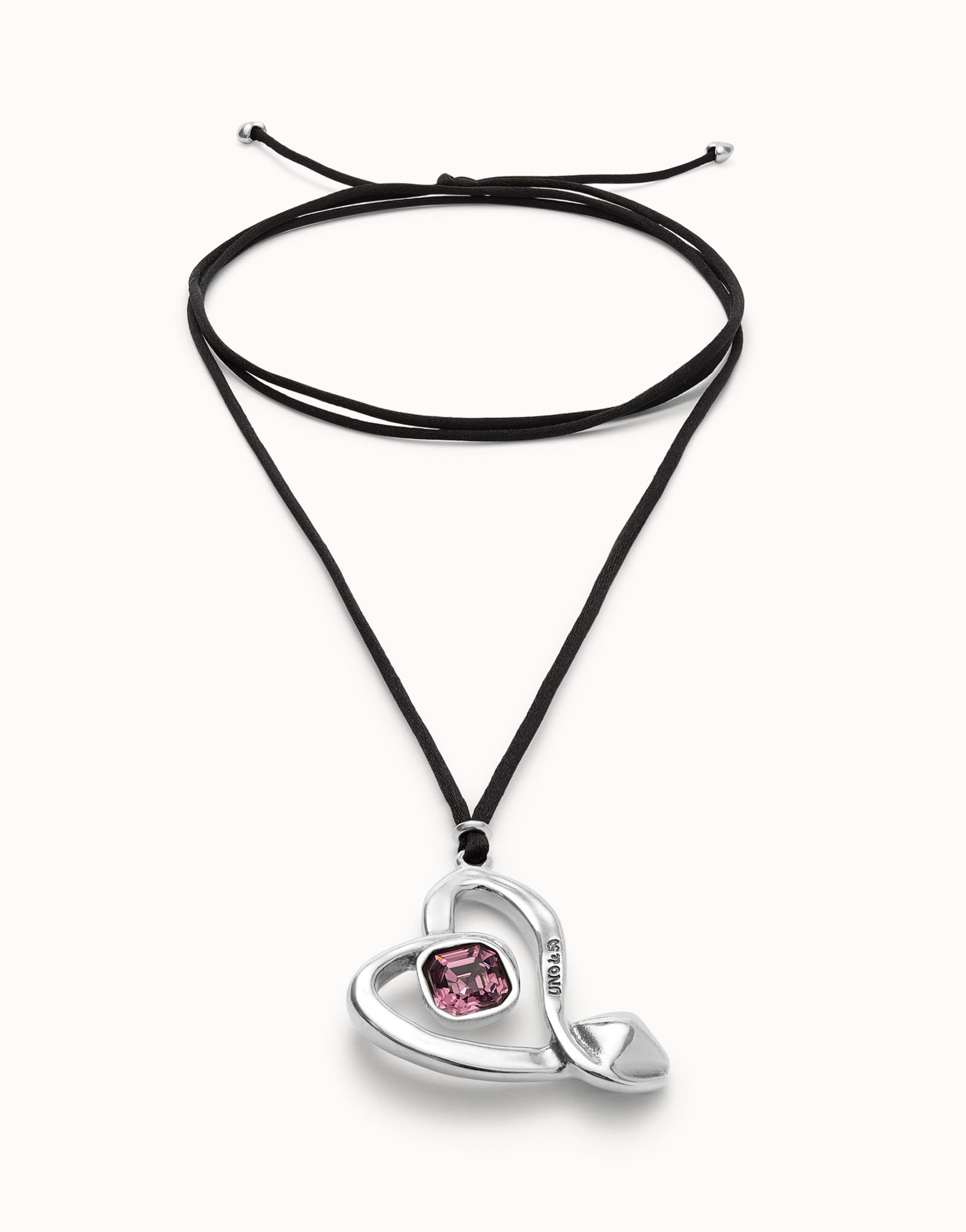 Colgante largo de cordón efecto seda  y corazón central con cristal rosa, Plateado, large thumbnail
