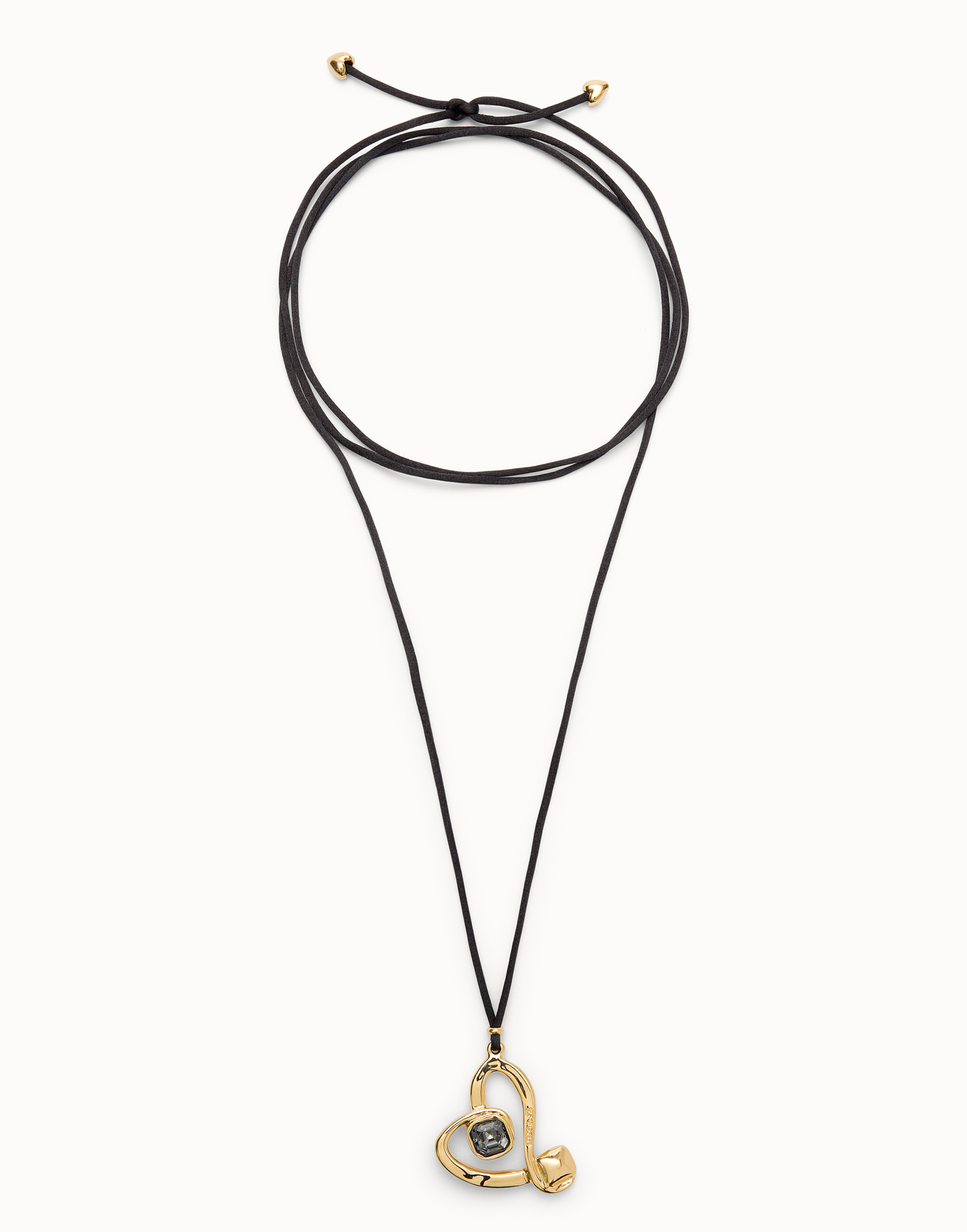 Long pendant and central heart with black crystal, Golden, large thumbnail