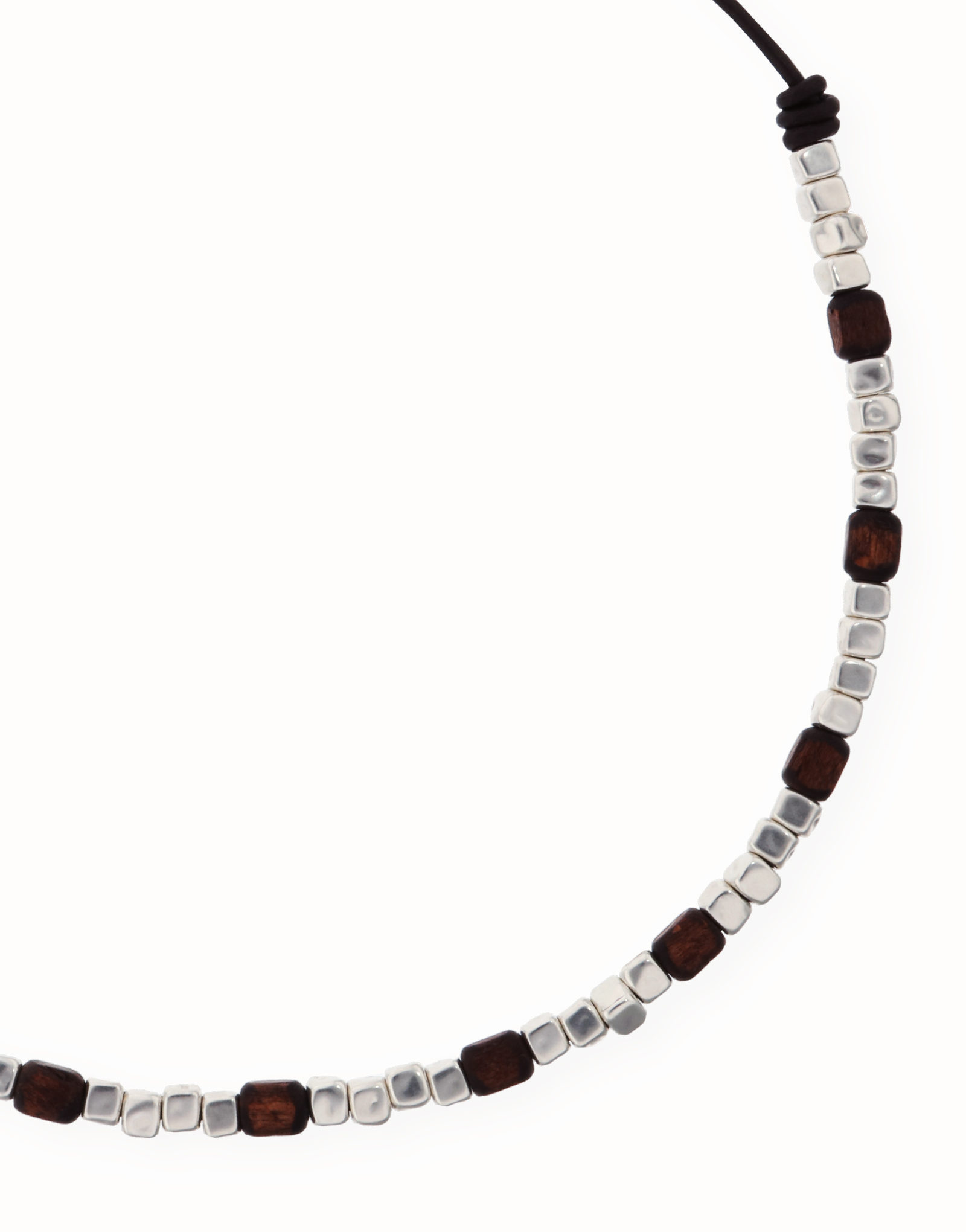 Leather necklace with silver and wooden beads, Silver, large thumbnail