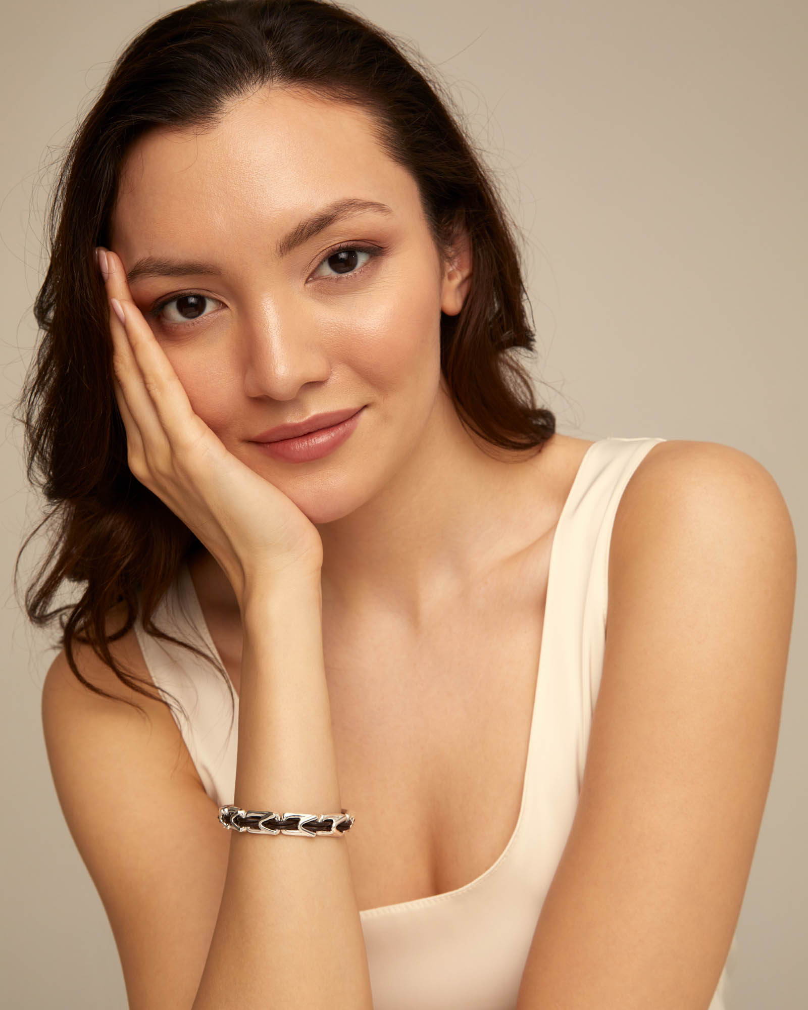 Leather bracelet with rectangular links, Silver, large thumbnail