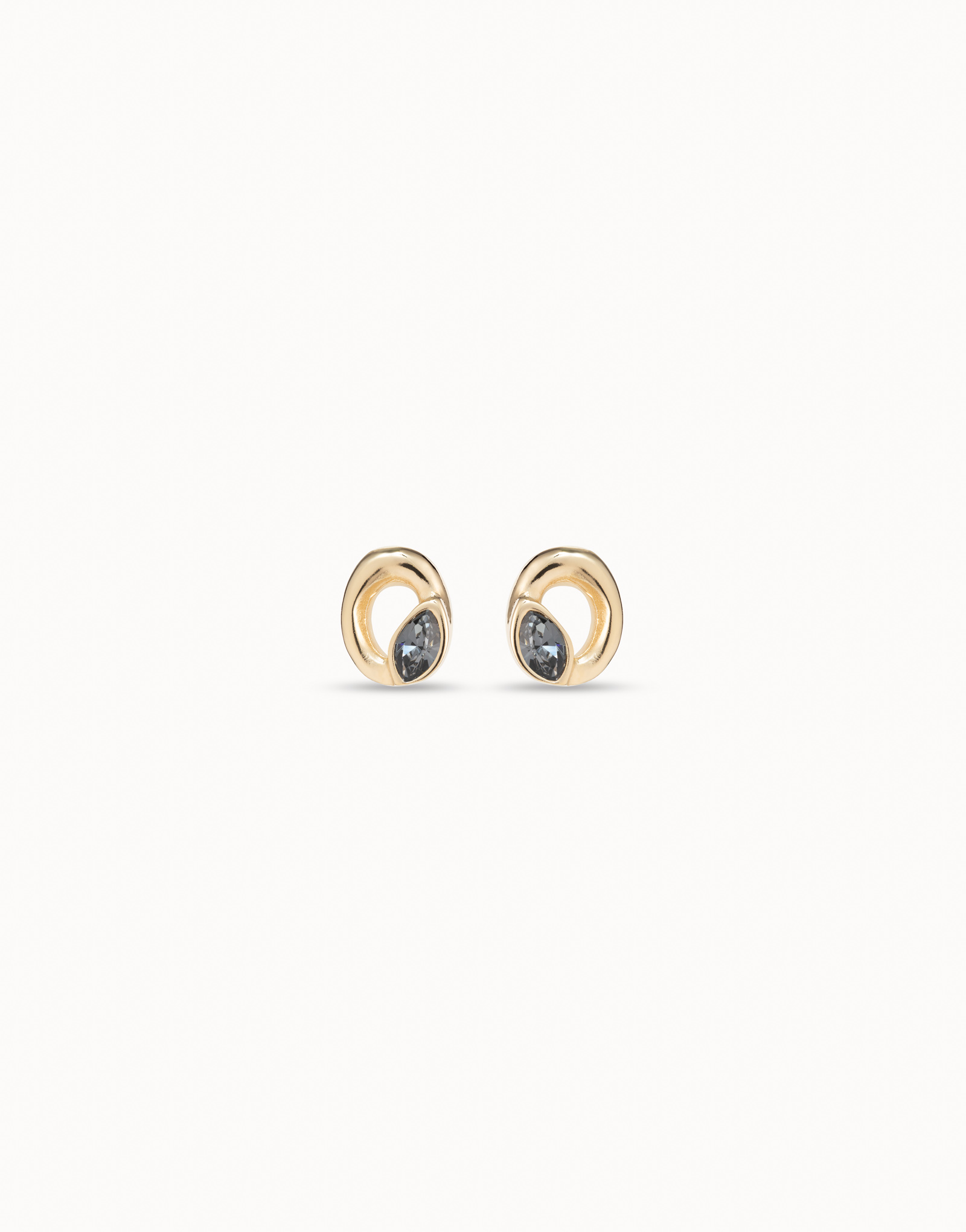 Boucles d’oreilles stud plaquées or en forme de double ovale et cristal de couleur gris clair, Or, large thumbnail