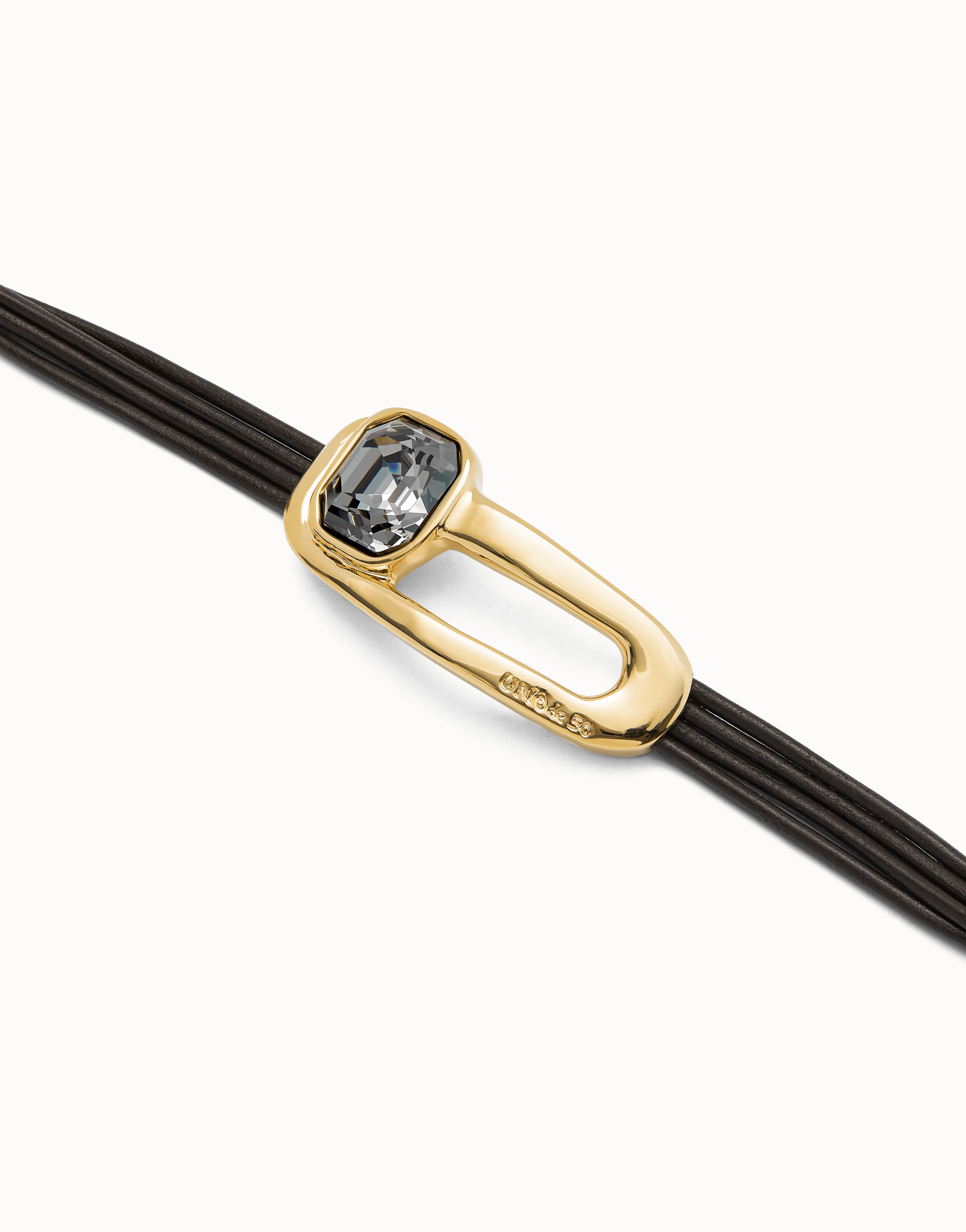 Leather bracelet with a black crystal, Golden, large thumbnail