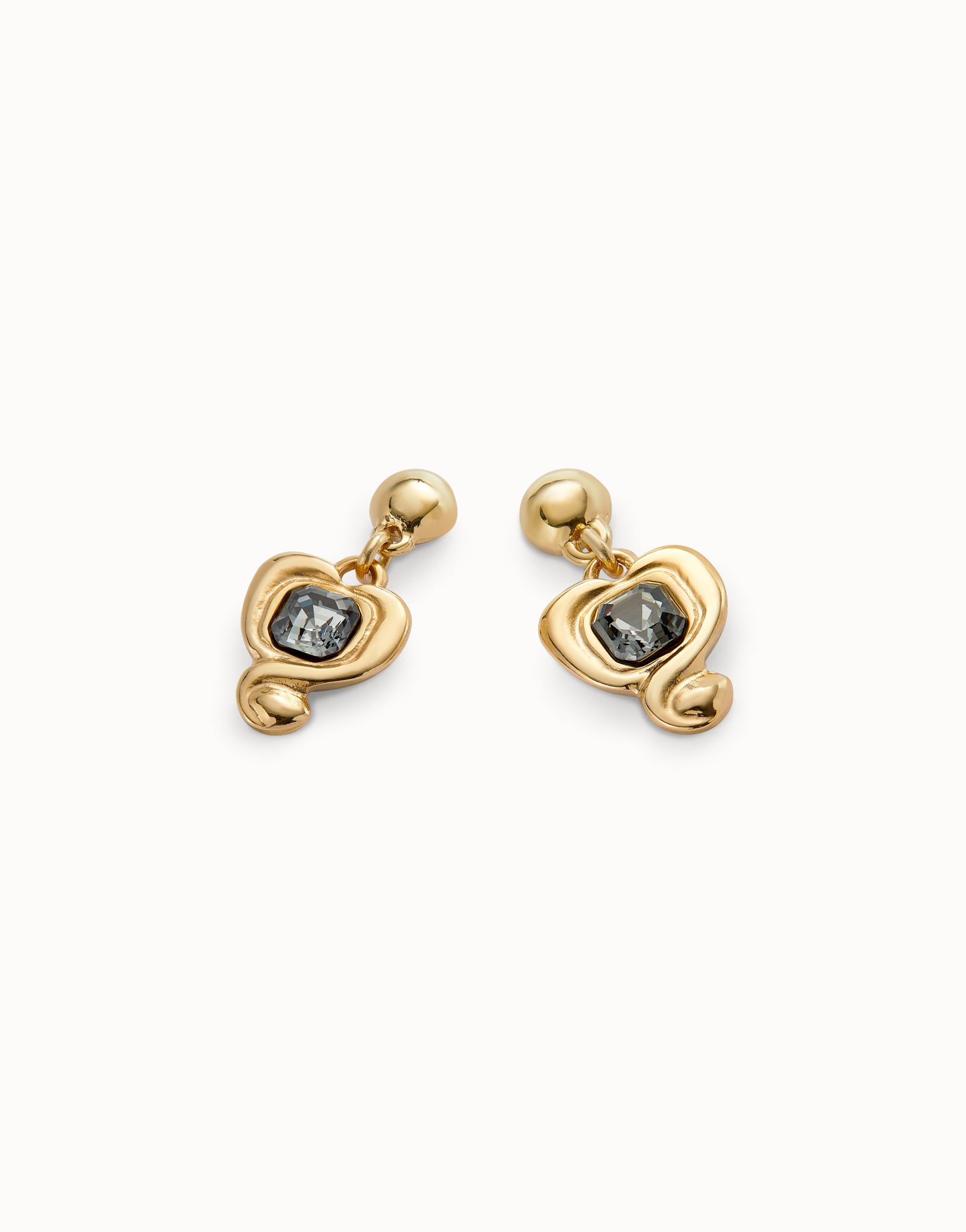 Drop earrings with a heart and black crystal, Golden, large thumbnail