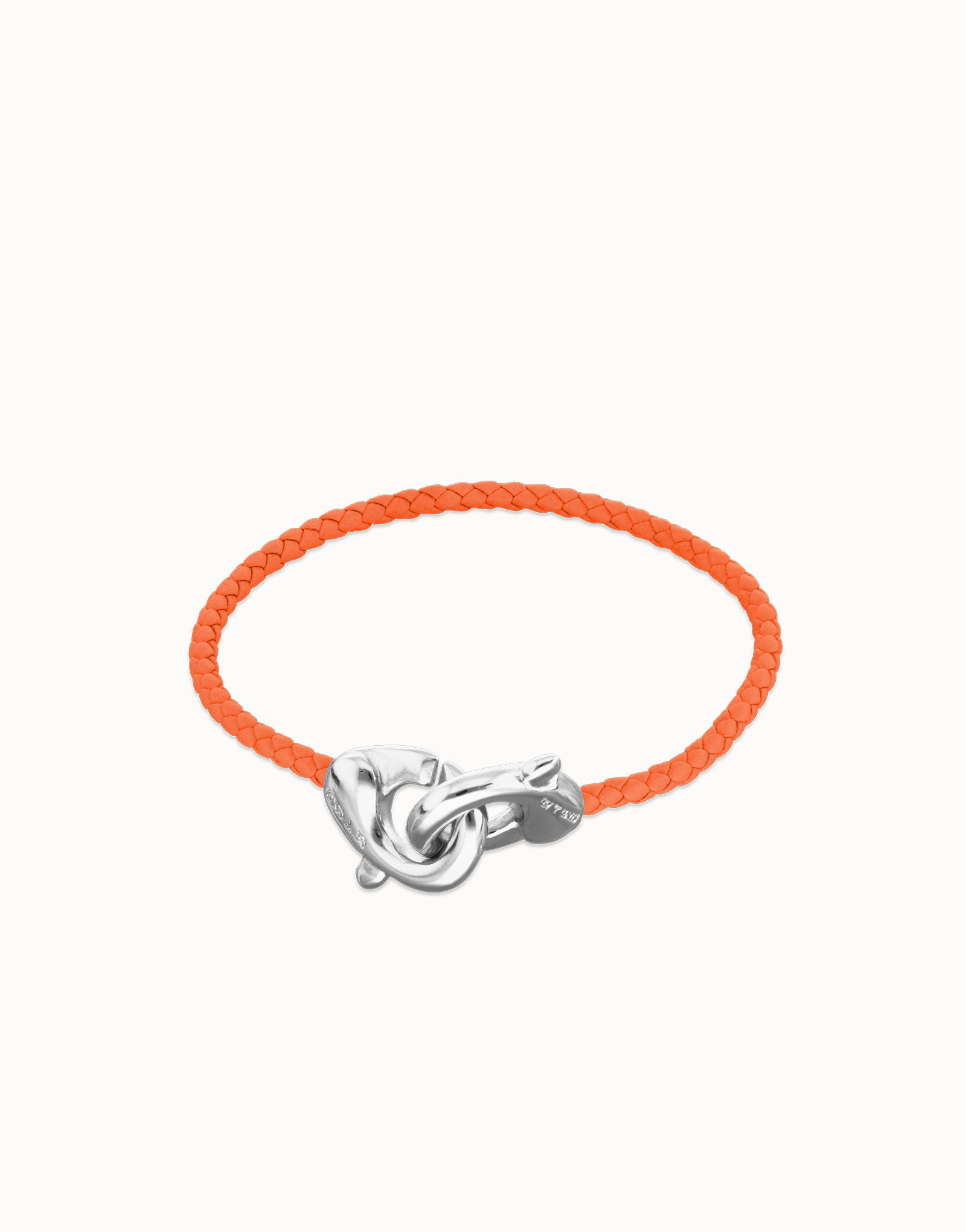 Orange leather bracelet with interlocking carabiner, Silver, large thumbnail