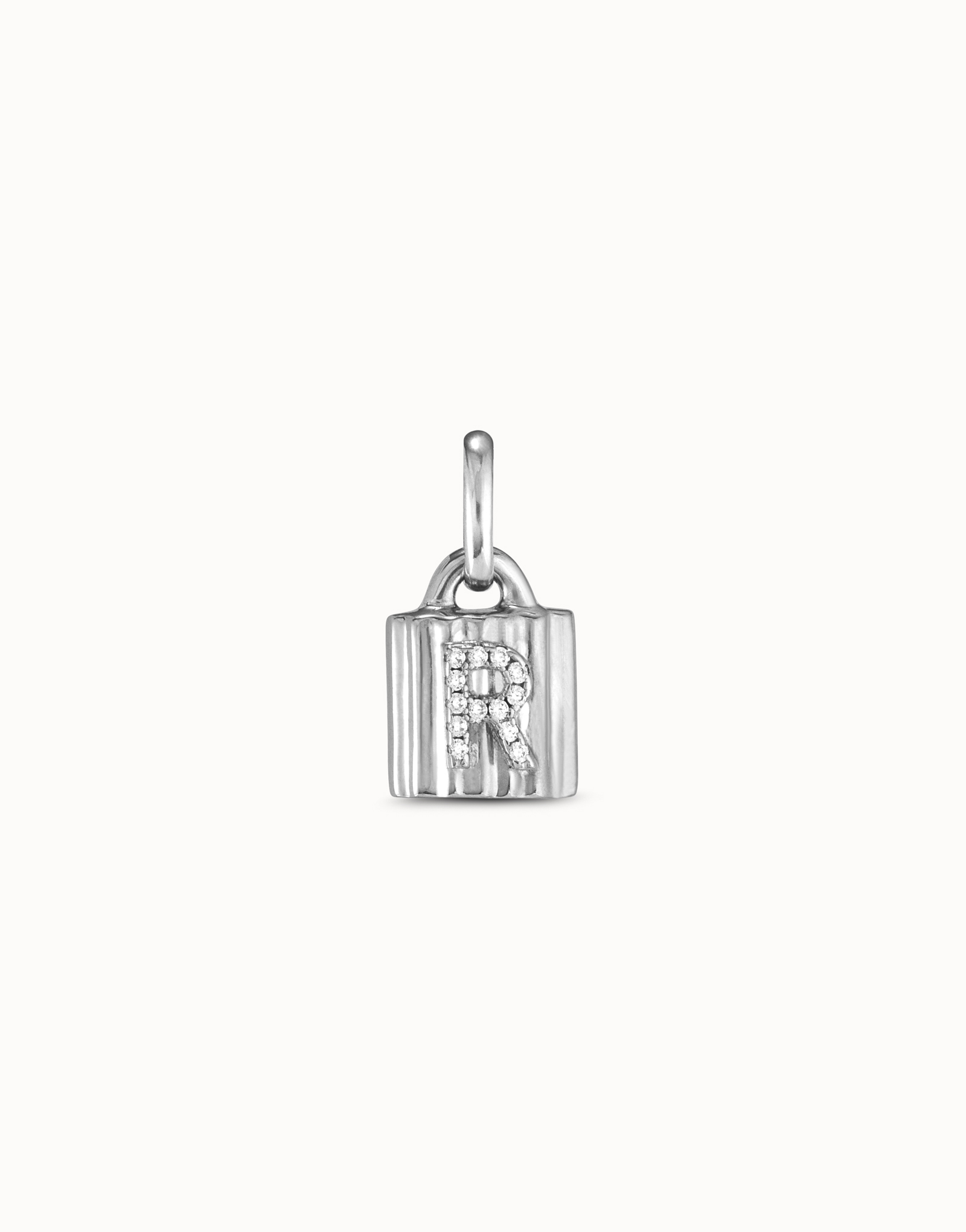 Sterling silver-plated padlock charm with topaz letter R, Silver, large thumbnail