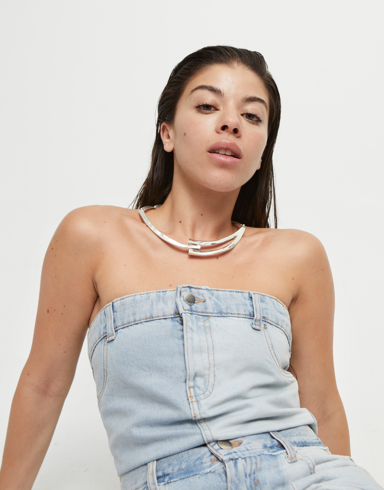 Collar rígido bañado en plata de ley y formas geométricas, Plateado, large thumbnail