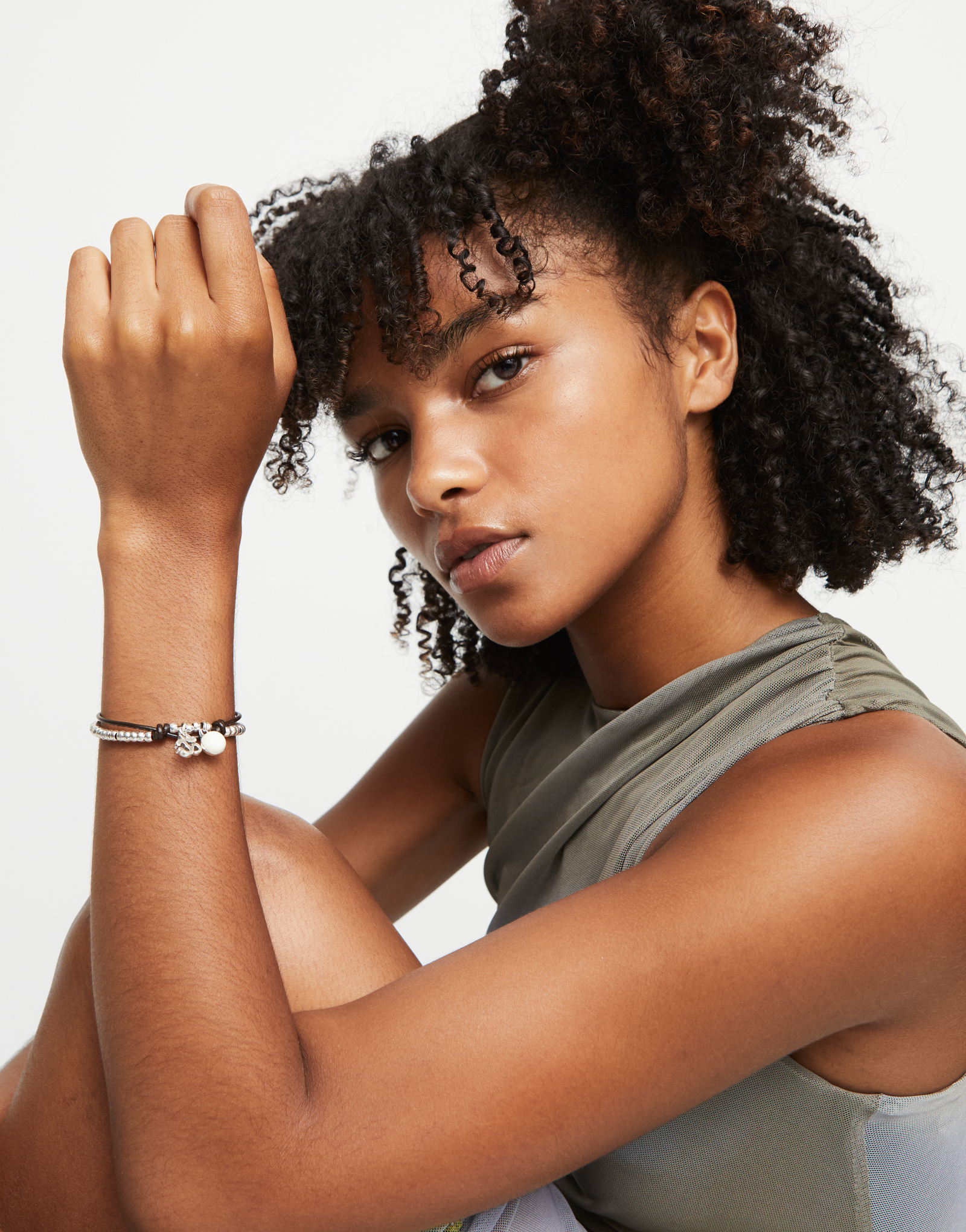 Bracciale placcato argento Sterling con cuoio e cristallo di Murano avorio, Argent, large thumbnail